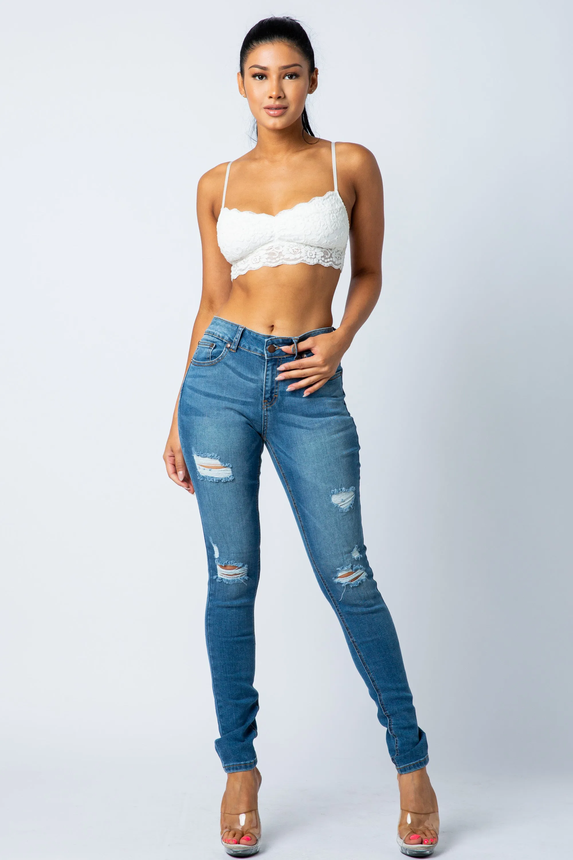 1052 Women's Mid Waisted Distressed Skinny Jeans