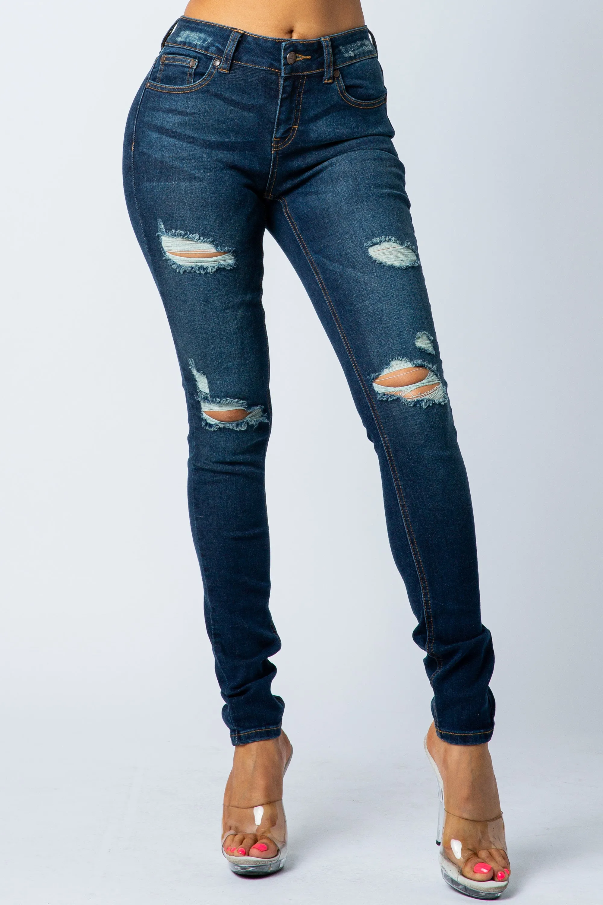 1052 Women's Mid Waisted Distressed Skinny Jeans