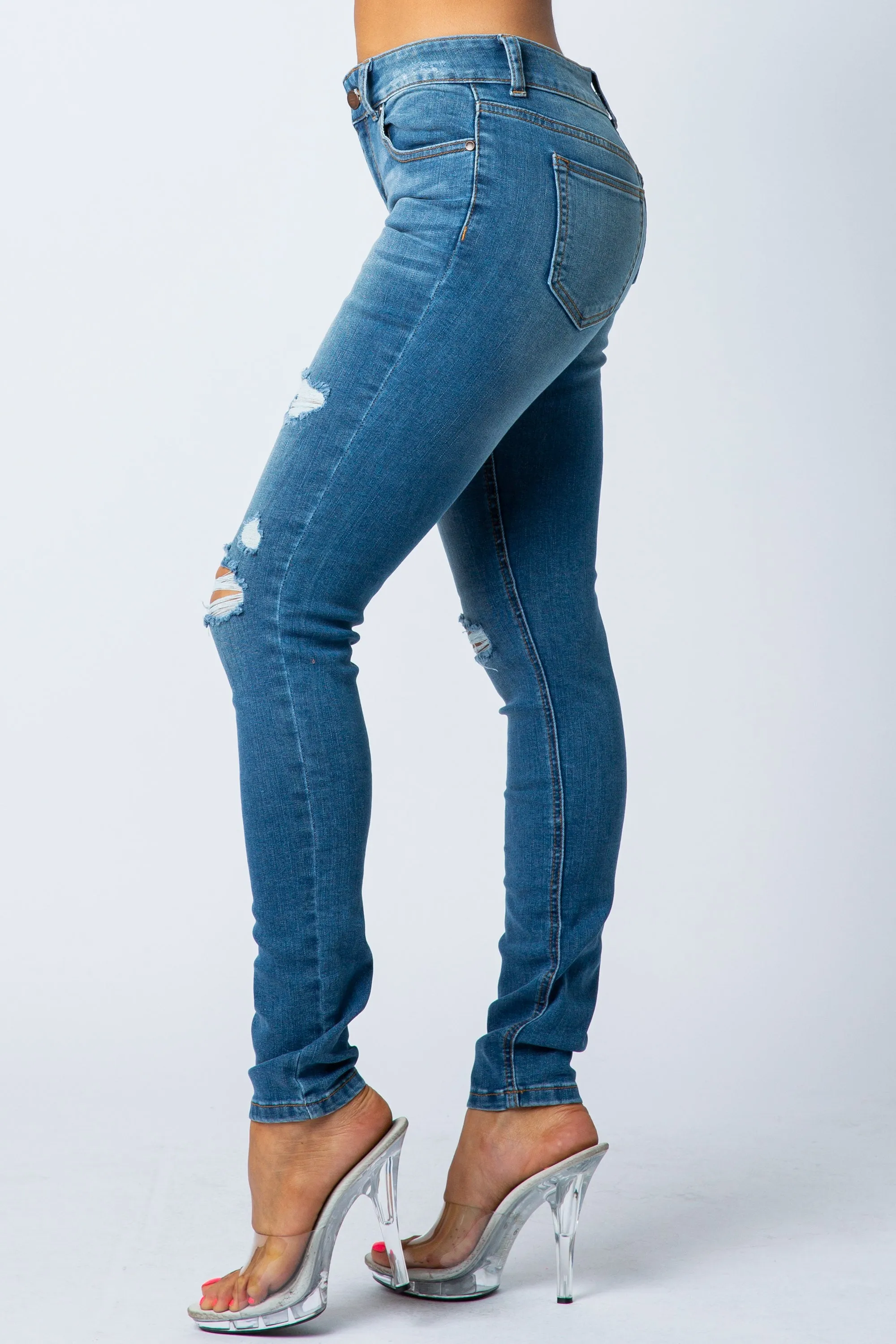 1052 Women's Mid Waisted Distressed Skinny Jeans