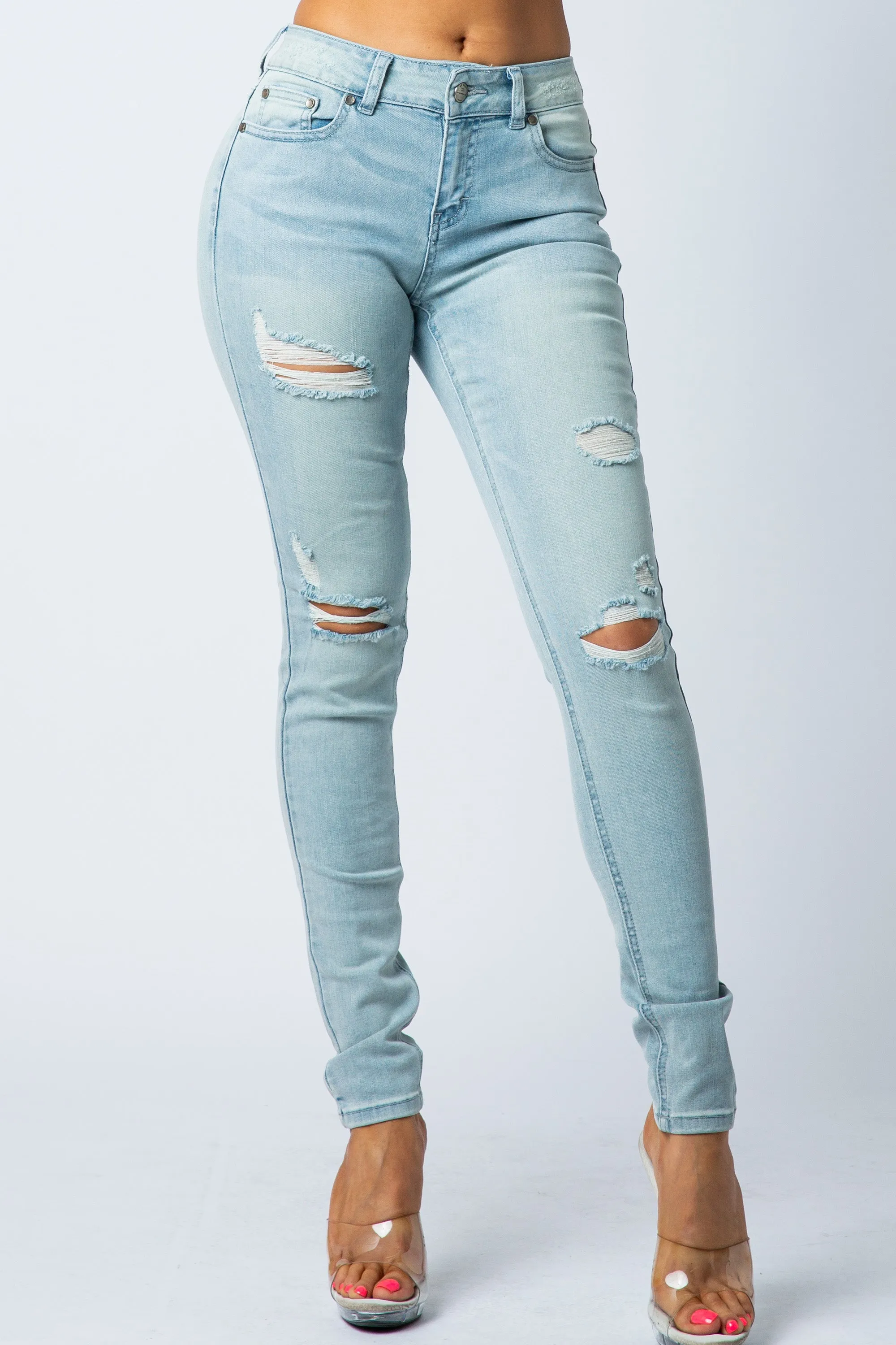 1052 Women's Mid Waisted Distressed Skinny Jeans