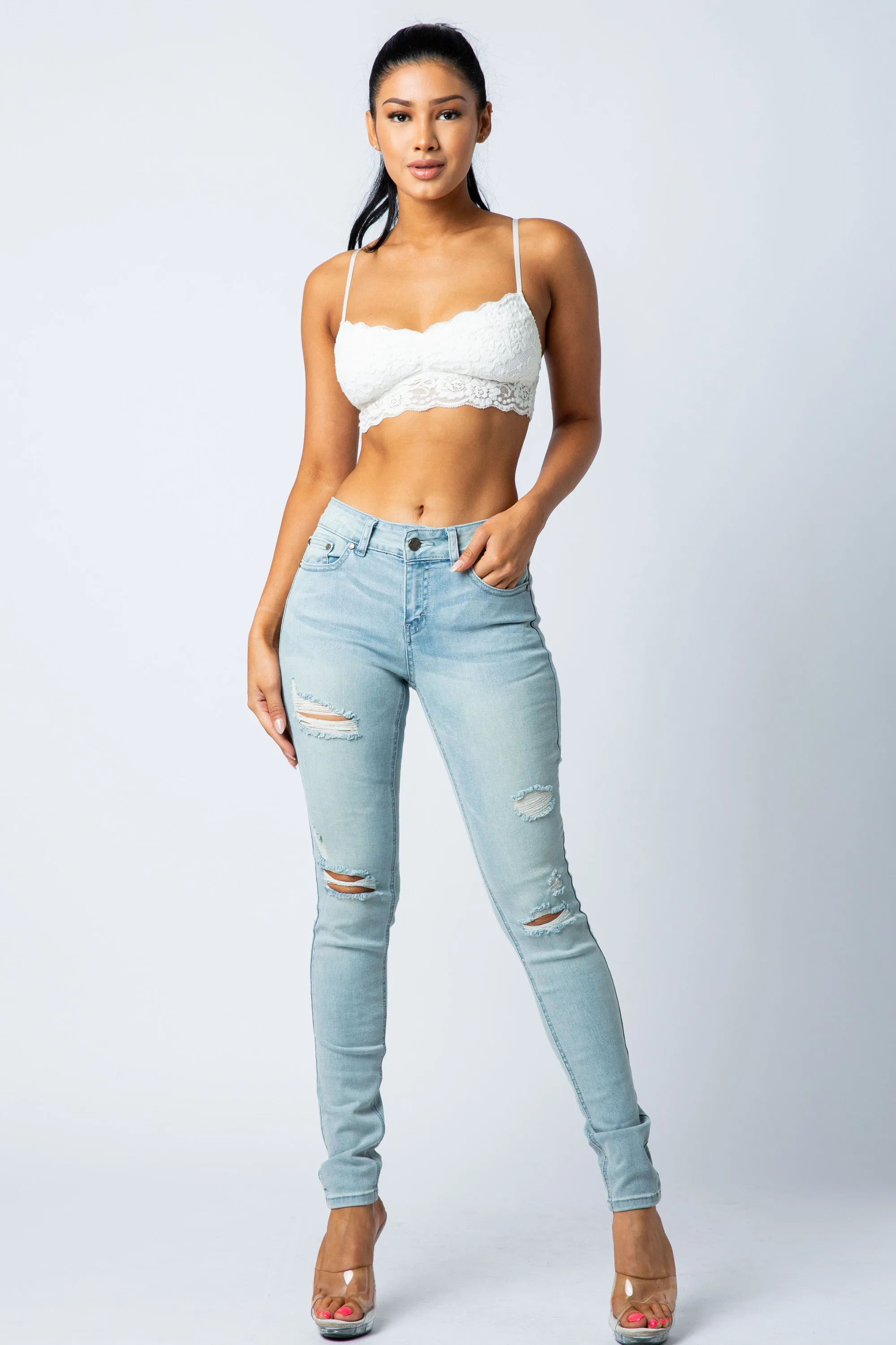 1052 Women's Mid Waisted Distressed Skinny Jeans