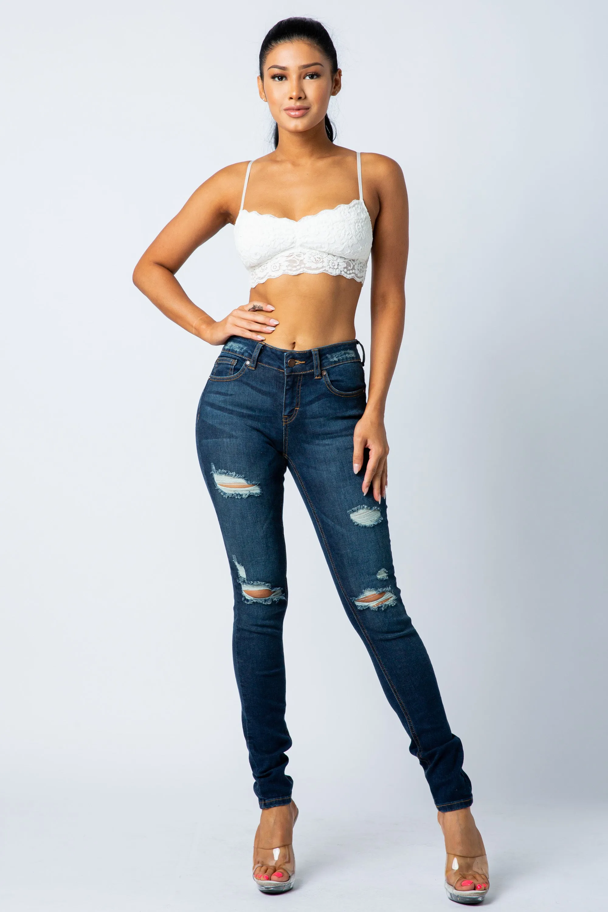 1052 Women's Mid Waisted Distressed Skinny Jeans