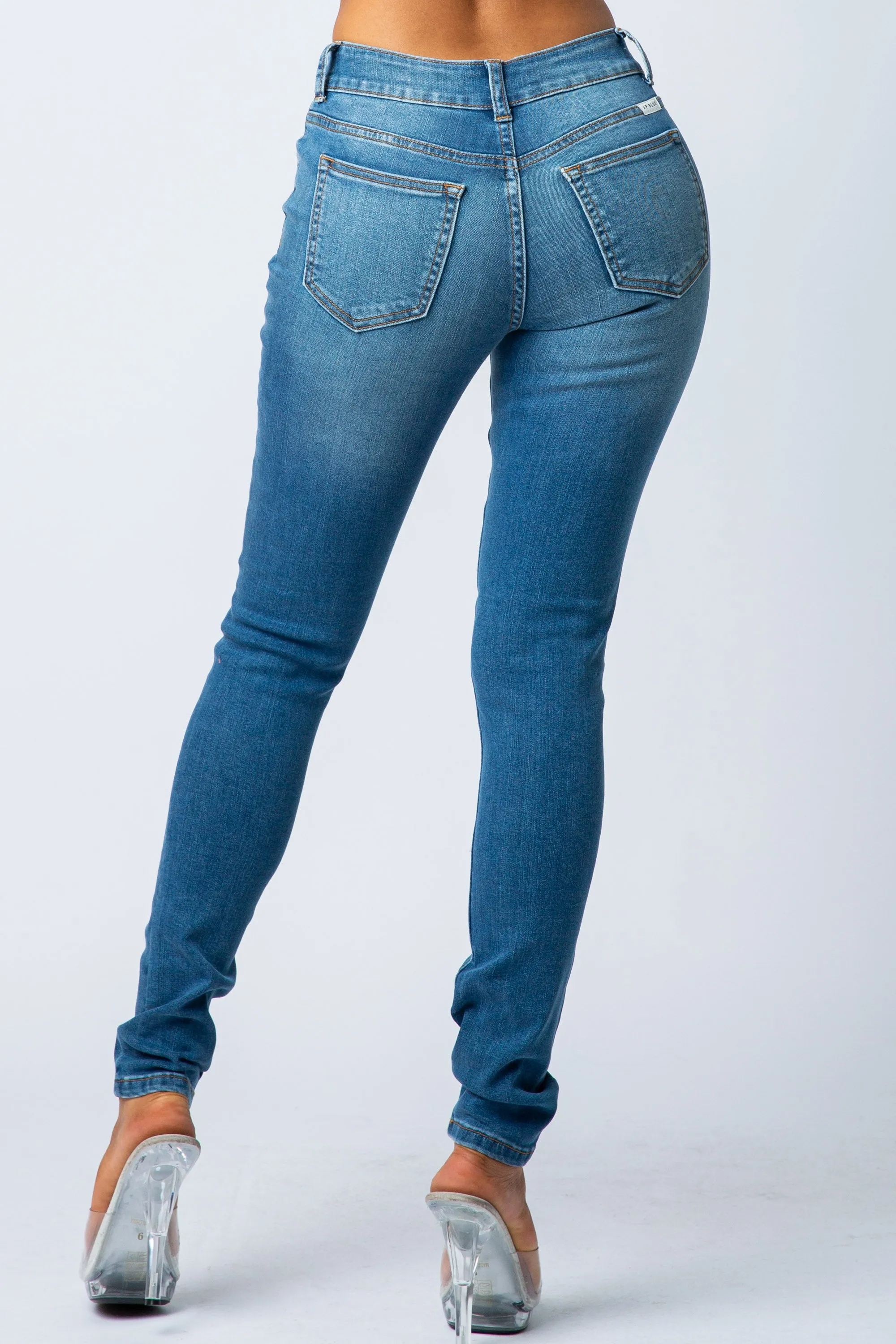 1052 Women's Mid Waisted Distressed Skinny Jeans