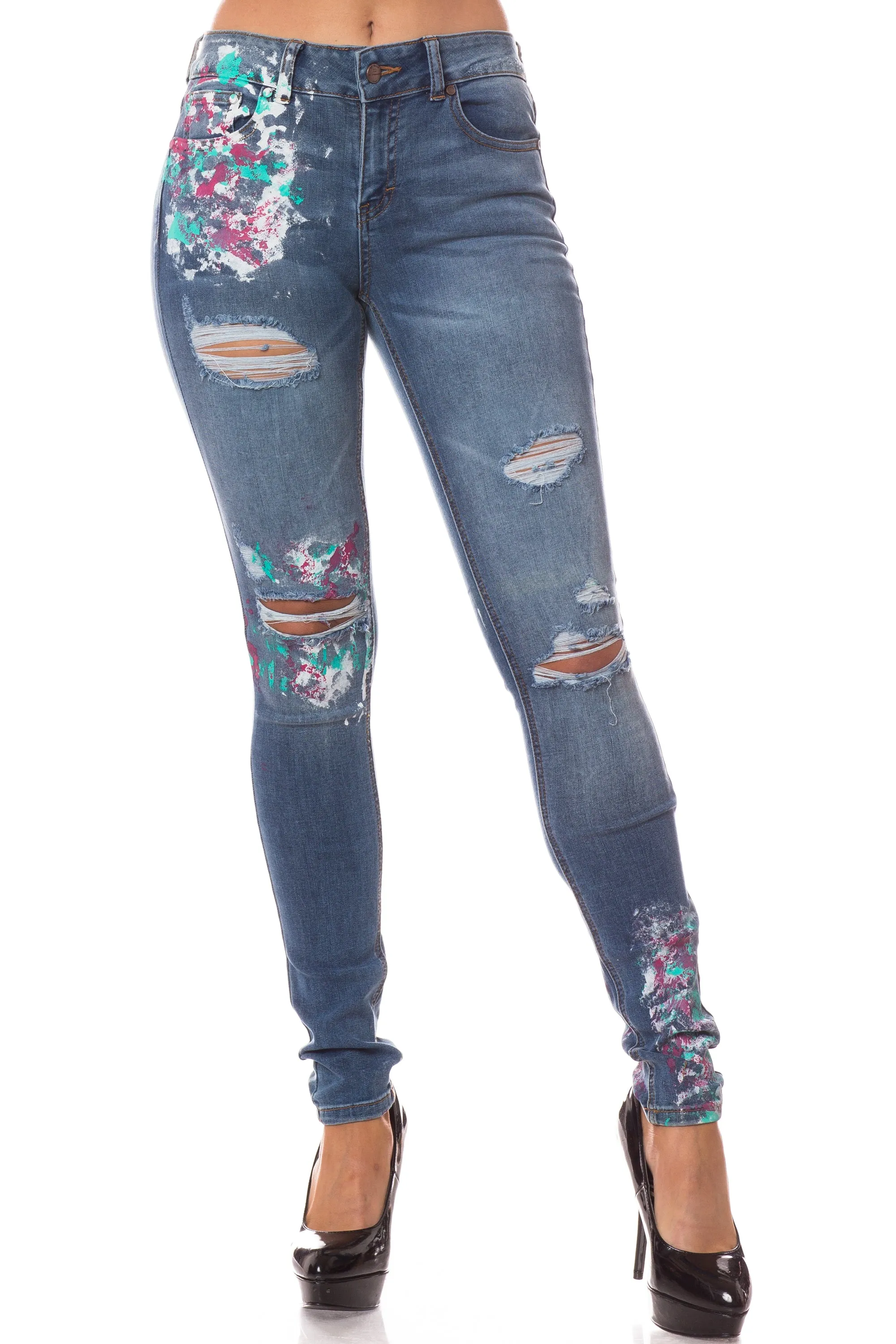 1052 Women's Mid Waisted Distressed Skinny Jeans