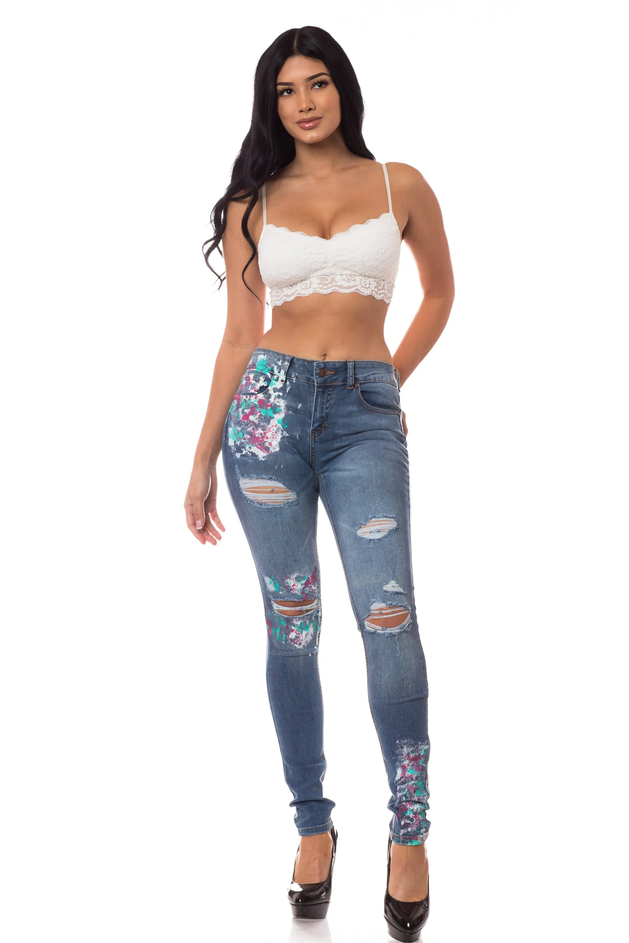 1052 Women's Mid Waisted Distressed Skinny Jeans