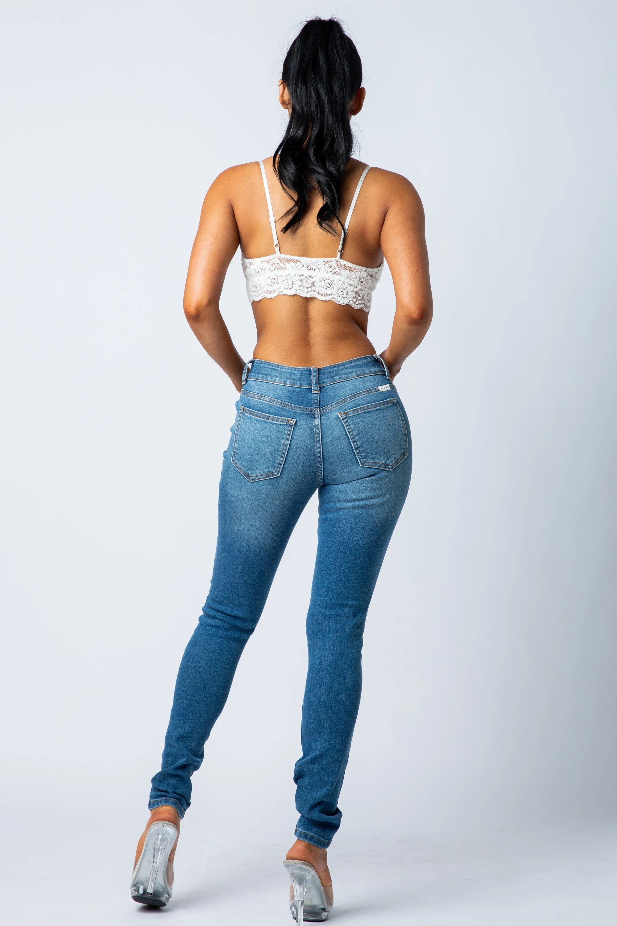 1052 Women's Mid Waisted Distressed Skinny Jeans