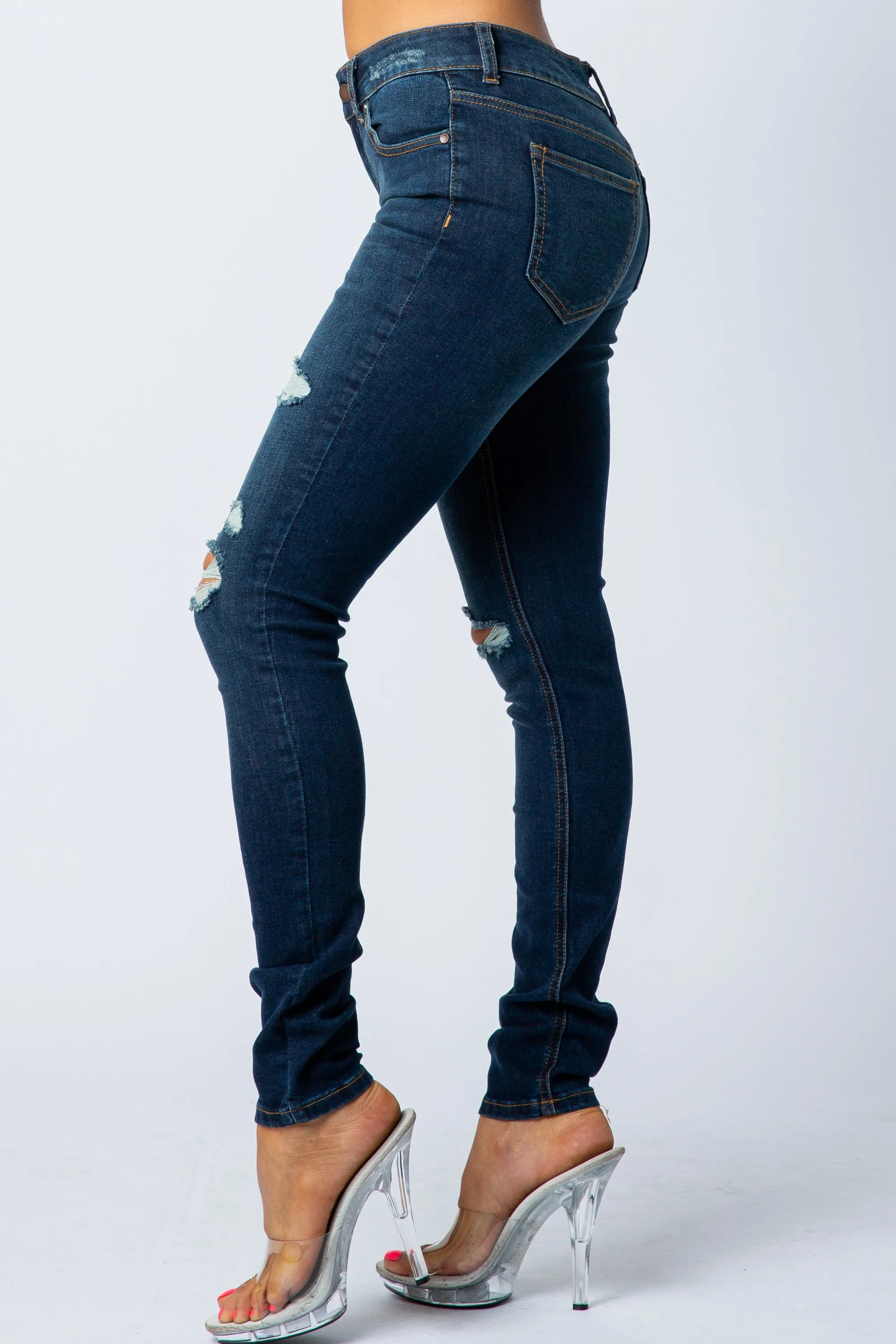 1052 Women's Mid Waisted Distressed Skinny Jeans