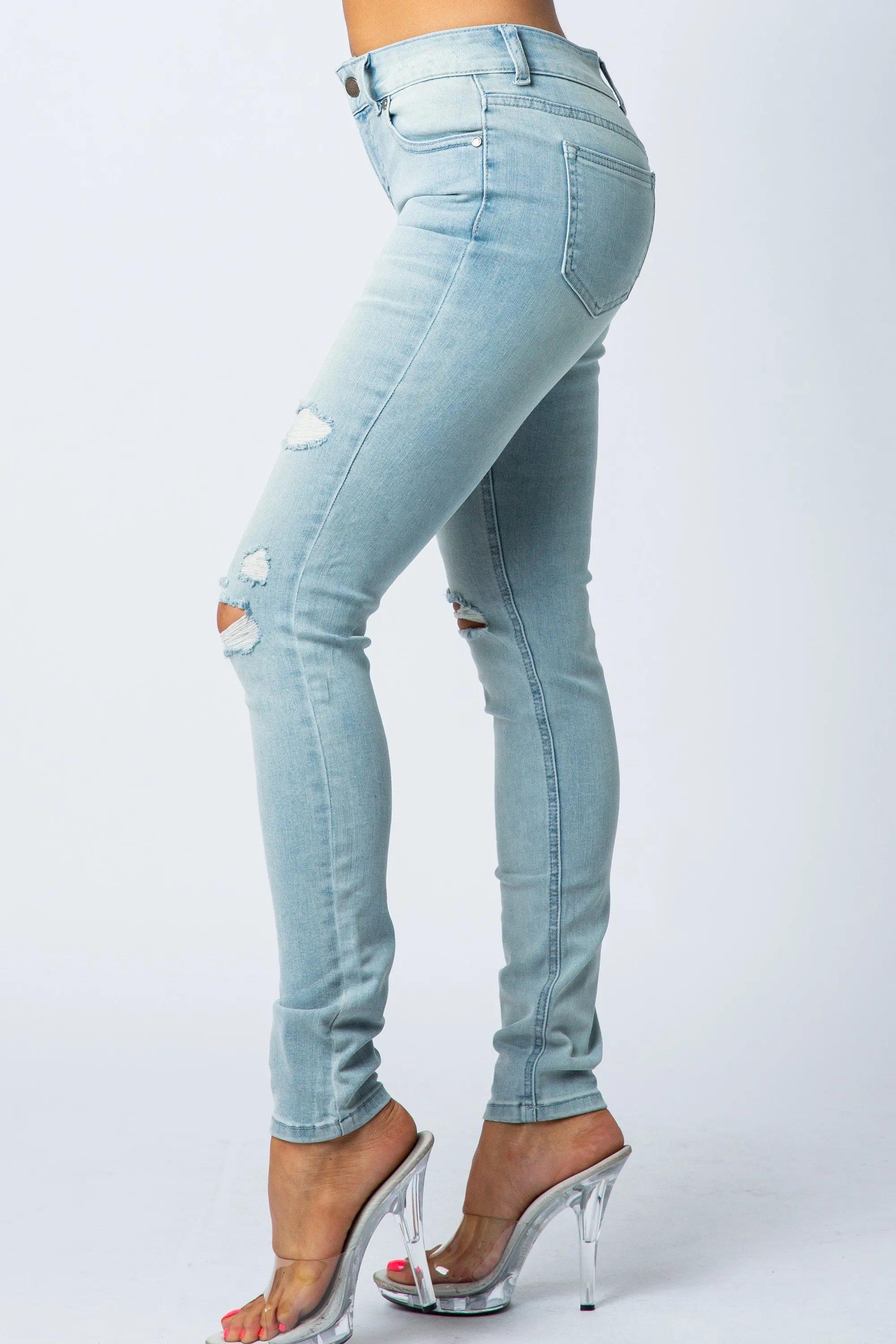 1052 Women's Mid Waisted Distressed Skinny Jeans