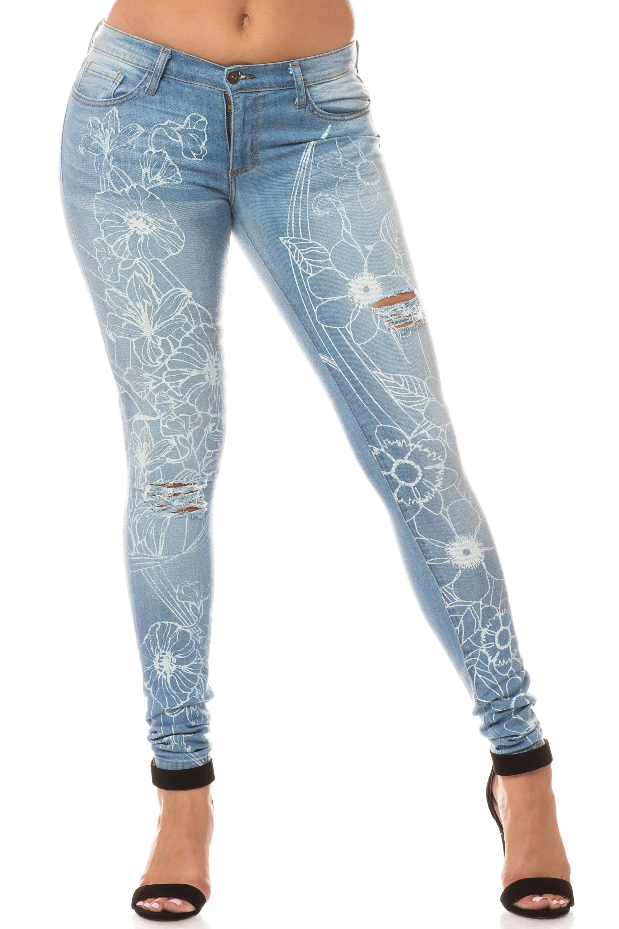 1096 Women's Mid Waisted Floral Printed Skinny Jeans