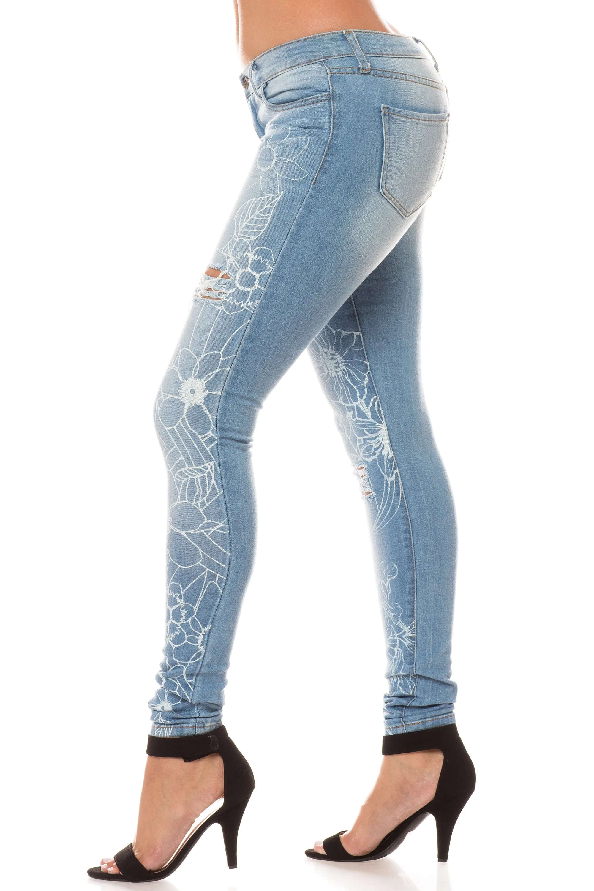 1096 Women's Mid Waisted Floral Printed Skinny Jeans