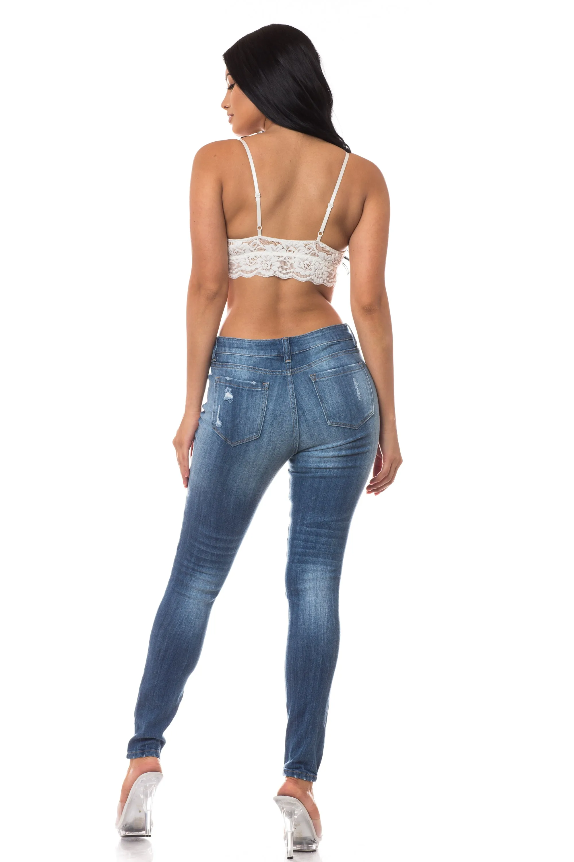 1256 Women's Mid Waisted Distressed Skinny Jeans