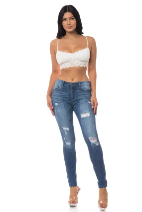 1256 Women's Mid Waisted Distressed Skinny Jeans