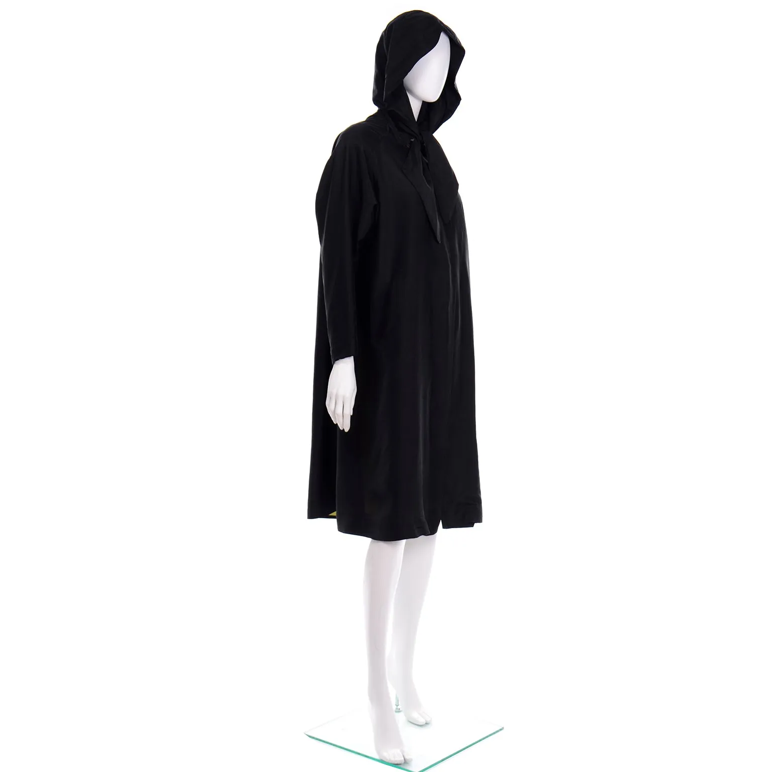 1950s Vintage Black Silk Hooded Coat With Striped Lining