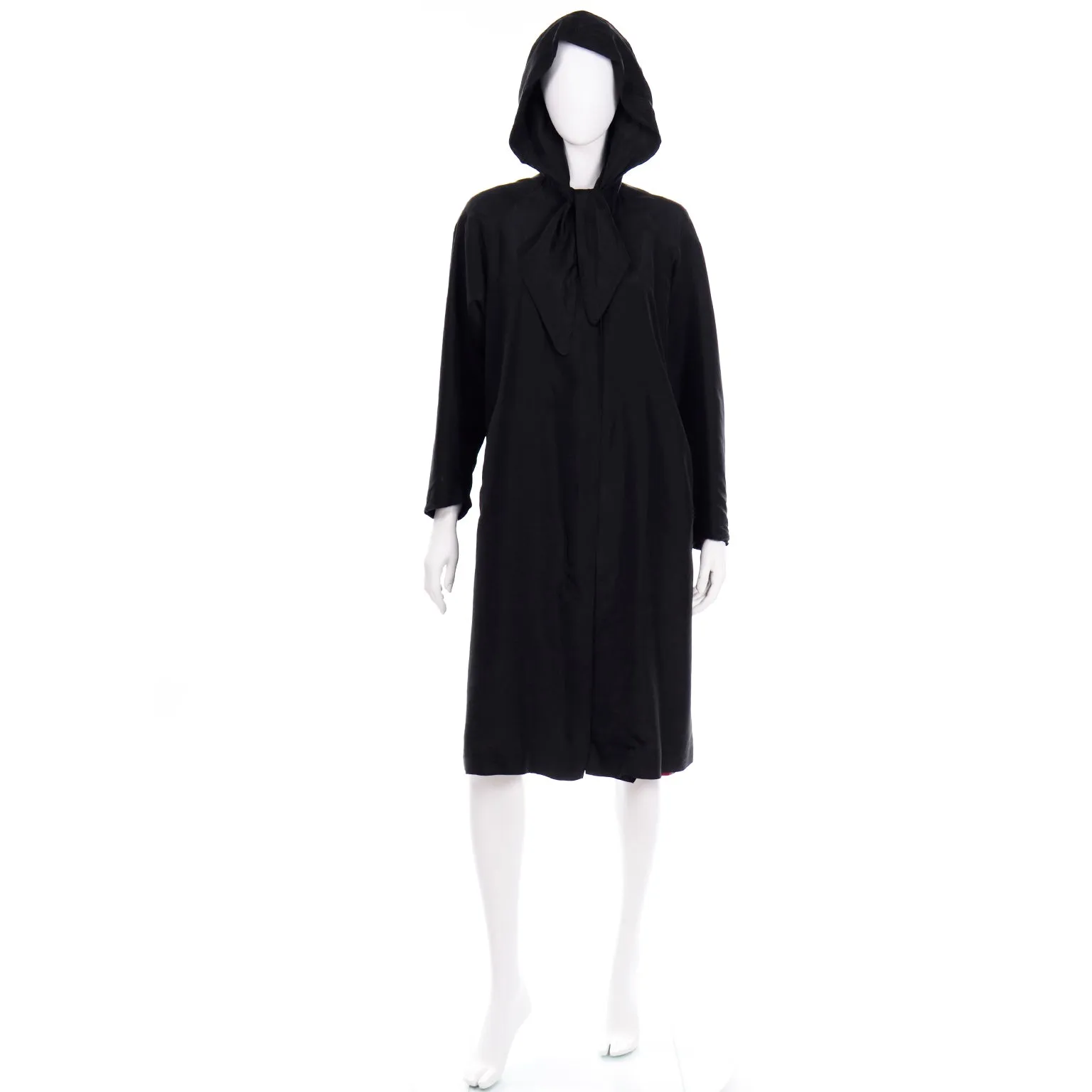 1950s Vintage Black Silk Hooded Coat With Striped Lining