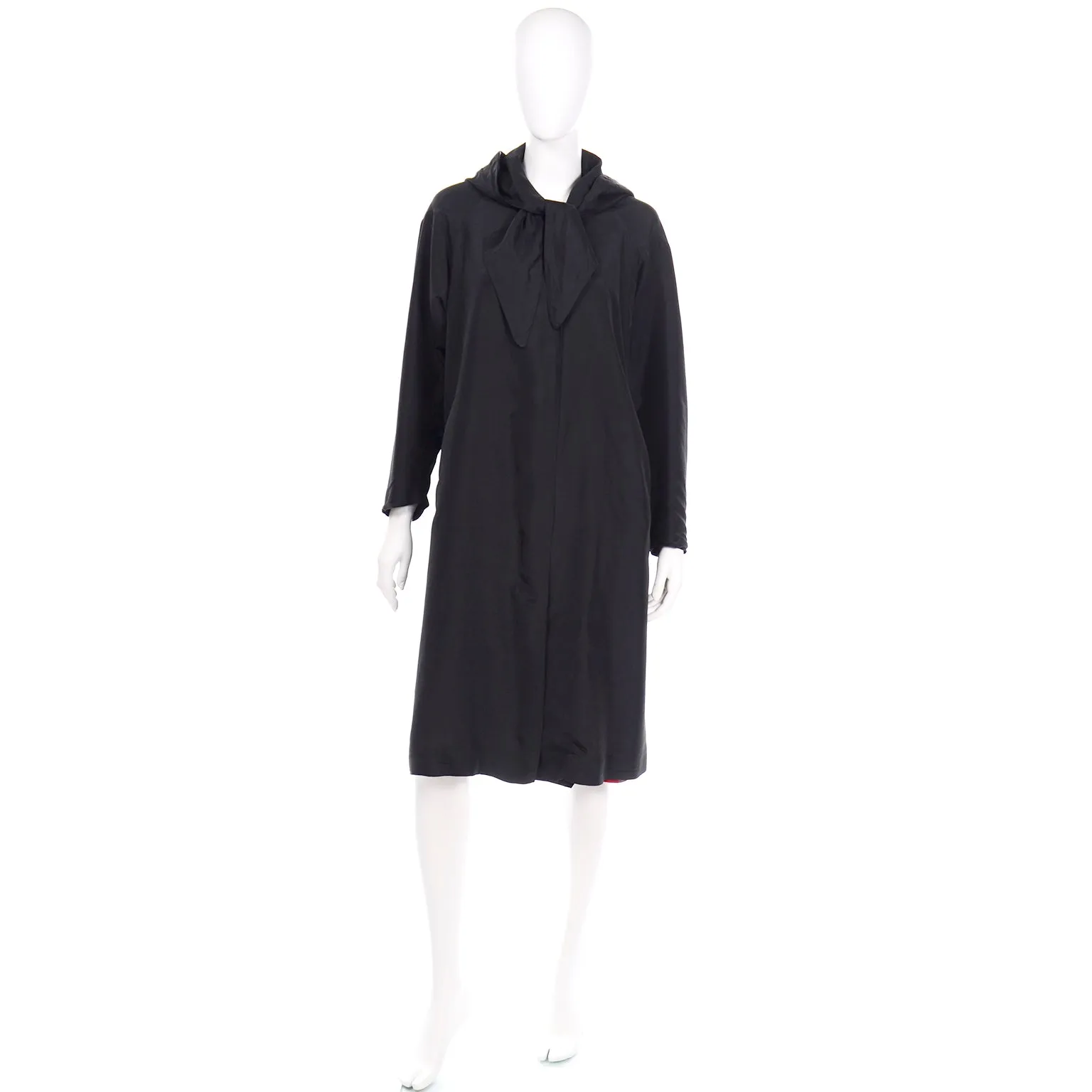 1950s Vintage Black Silk Hooded Coat With Striped Lining