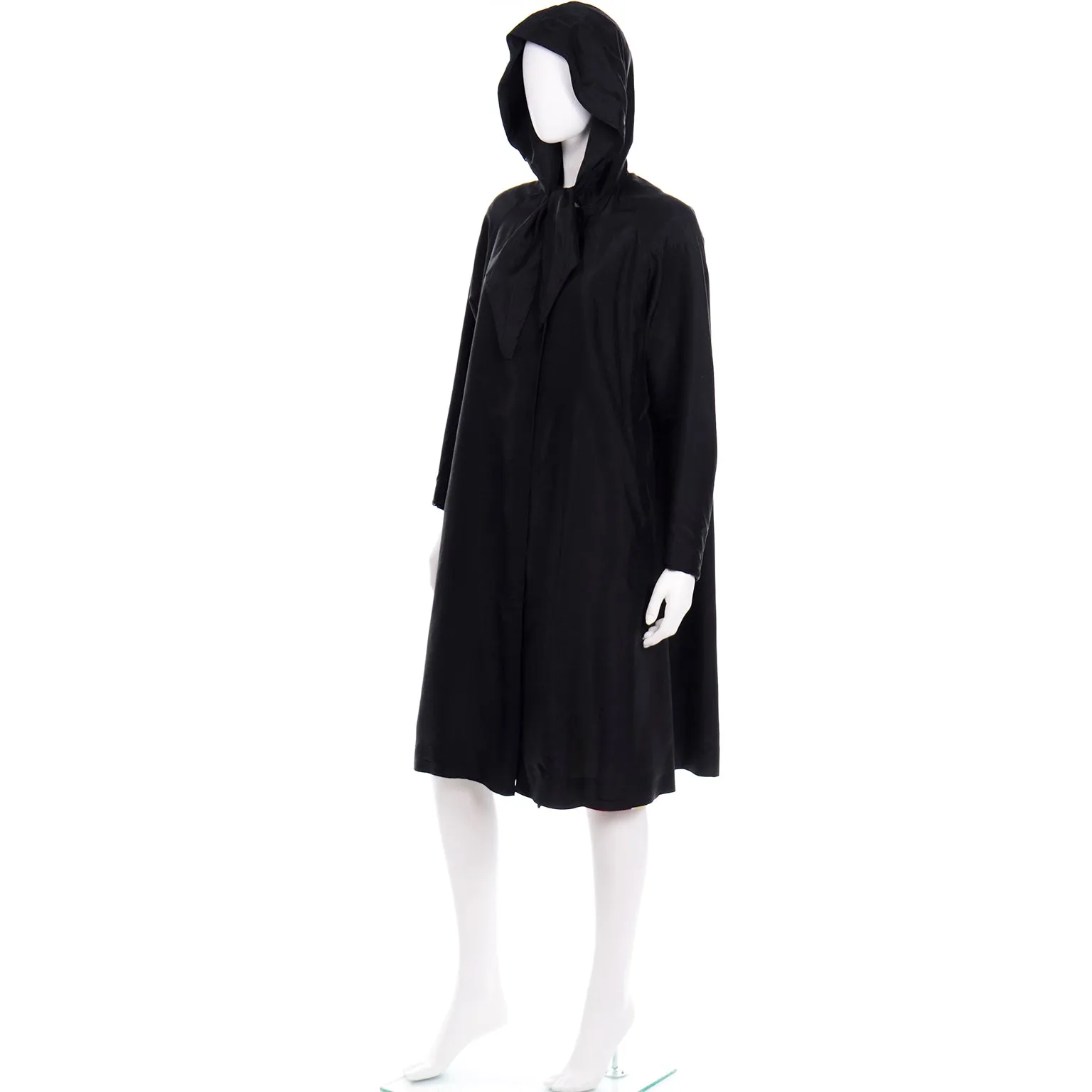 1950s Vintage Black Silk Hooded Coat With Striped Lining