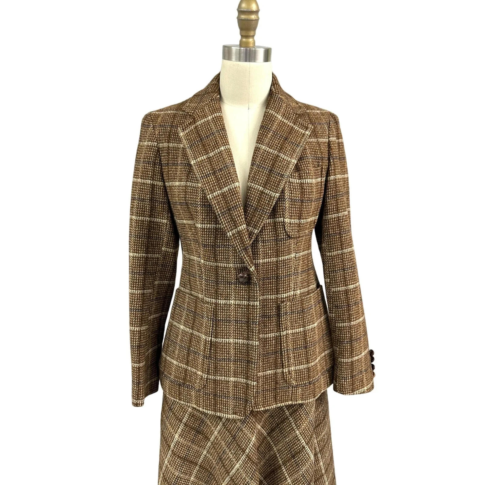 1970s Evan Picone A line Skirt Suit All Wool Brown Blue Plaid S/6 Vintage Career