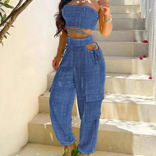 2024 Women’s Wrap Top Tie Workwear Long Pants Pocket Denim Blue Crop Waist Set Suit