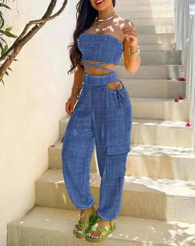 2024 Women’s Wrap Top Tie Workwear Long Pants Pocket Denim Blue Crop Waist Set Suit