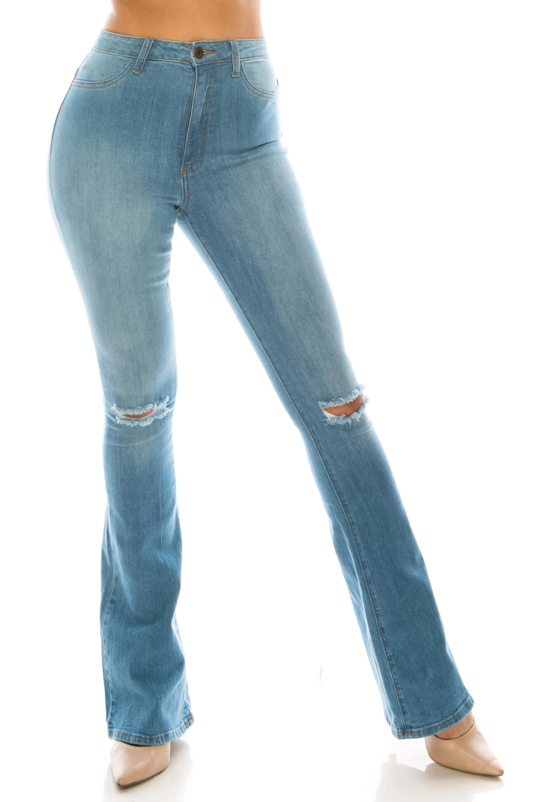 2033 Women's High Waisted Distressed Flare Jeans