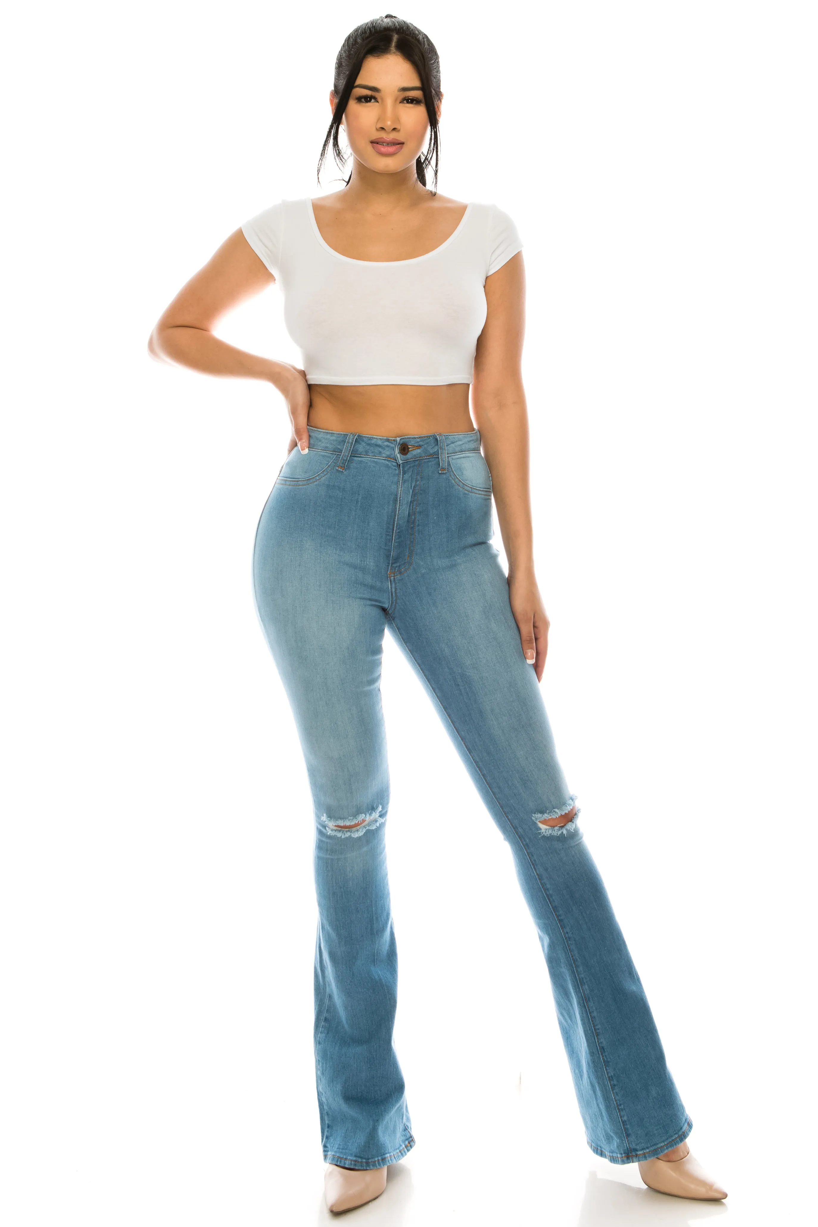 2033 Women's High Waisted Distressed Flare Jeans