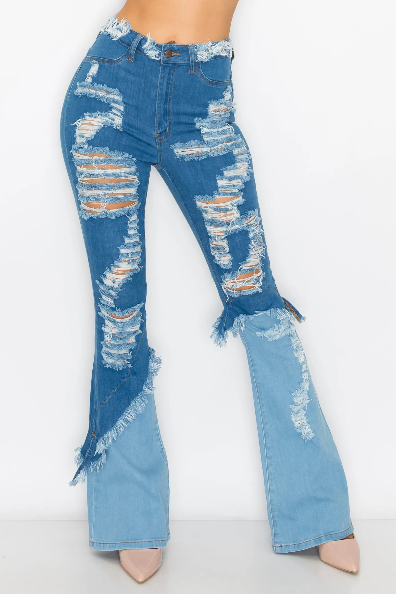 2125 Women's Super High Waisted Color Block Distressed Flare Jeans