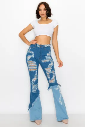 2125 Women's Super High Waisted Color Block Distressed Flare Jeans