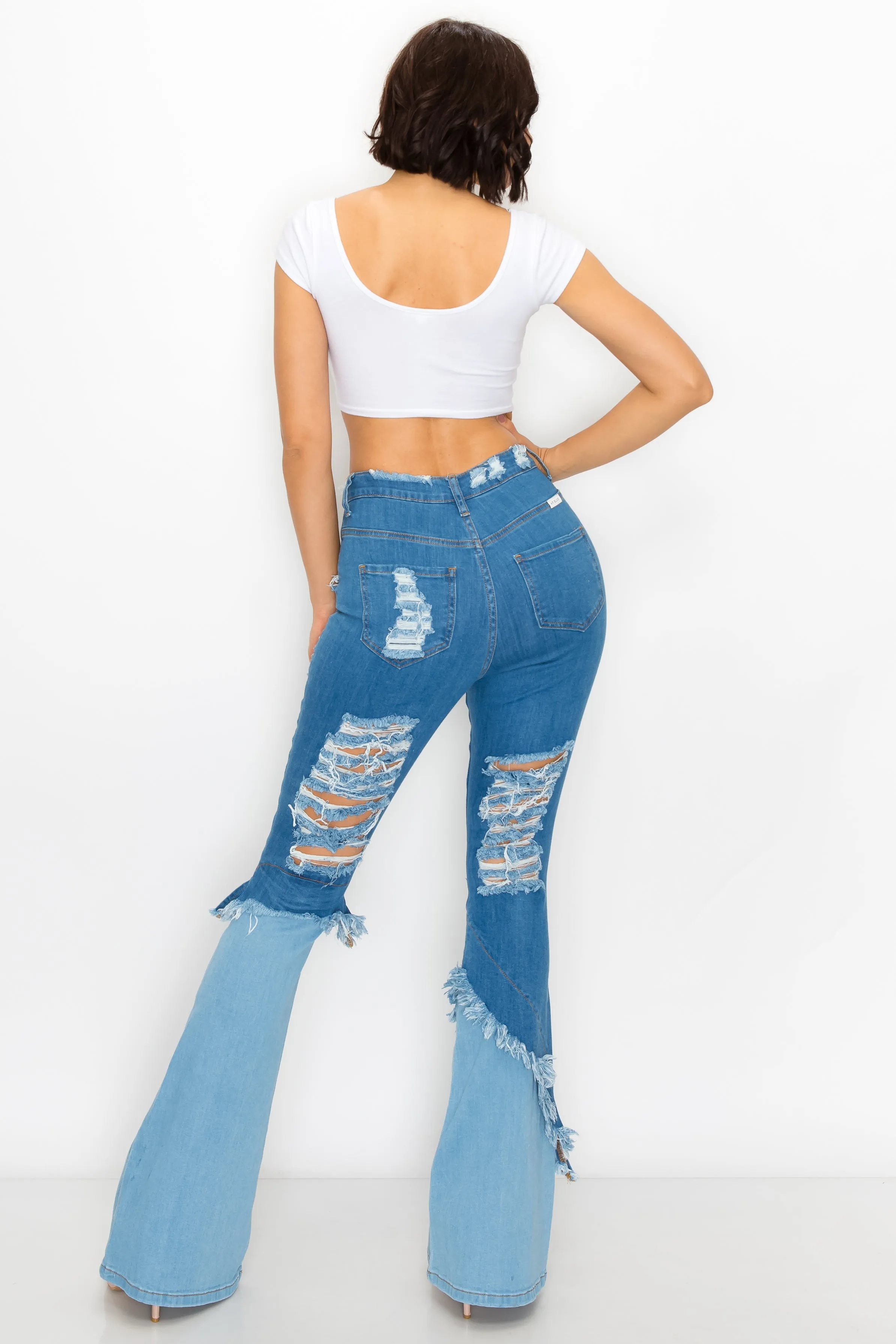 2125 Women's Super High Waisted Color Block Distressed Flare Jeans