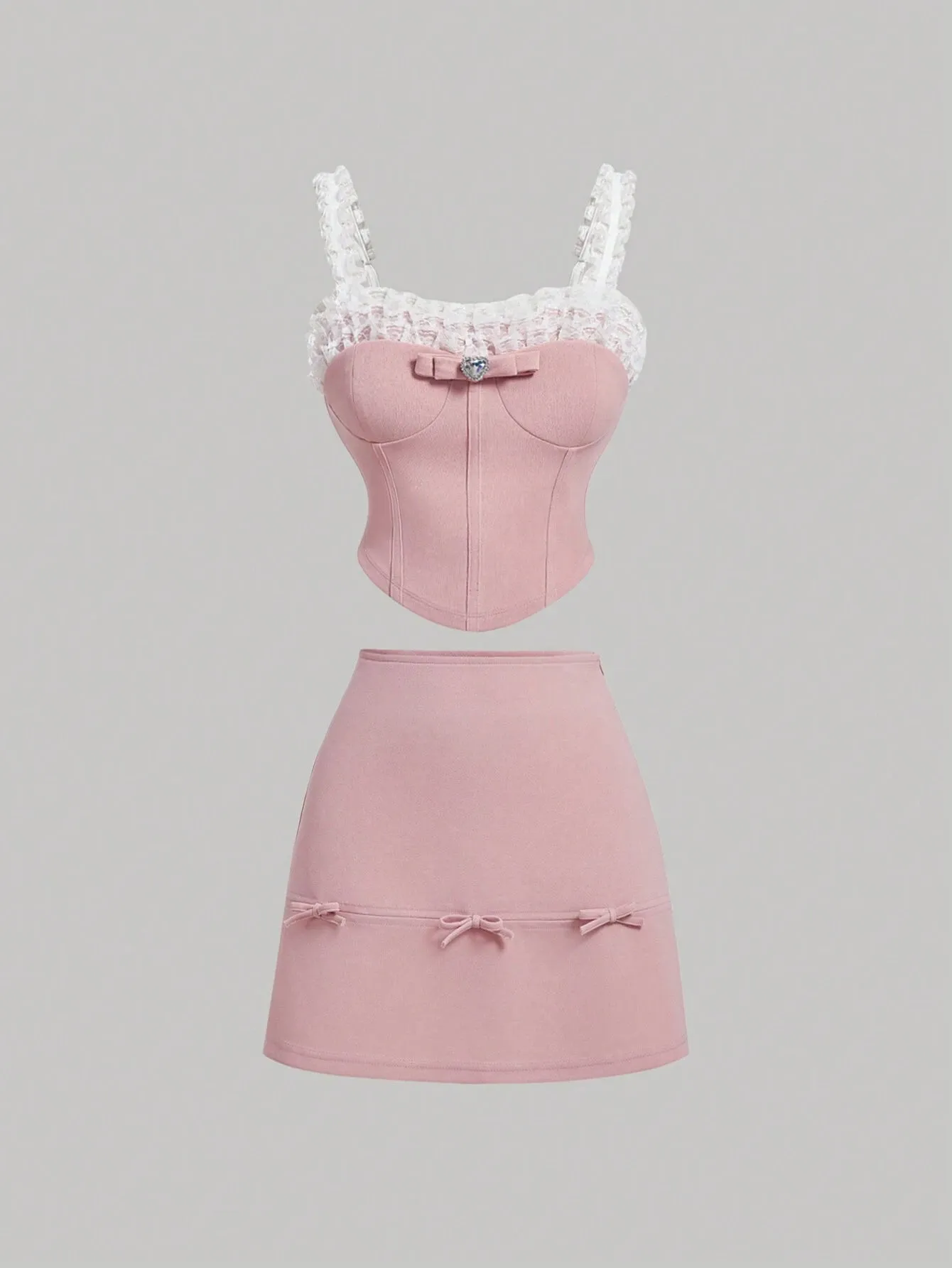 2pcs Cute Pink Ruffled Lace Bowknot Set Dresses Graduation Cute Tops