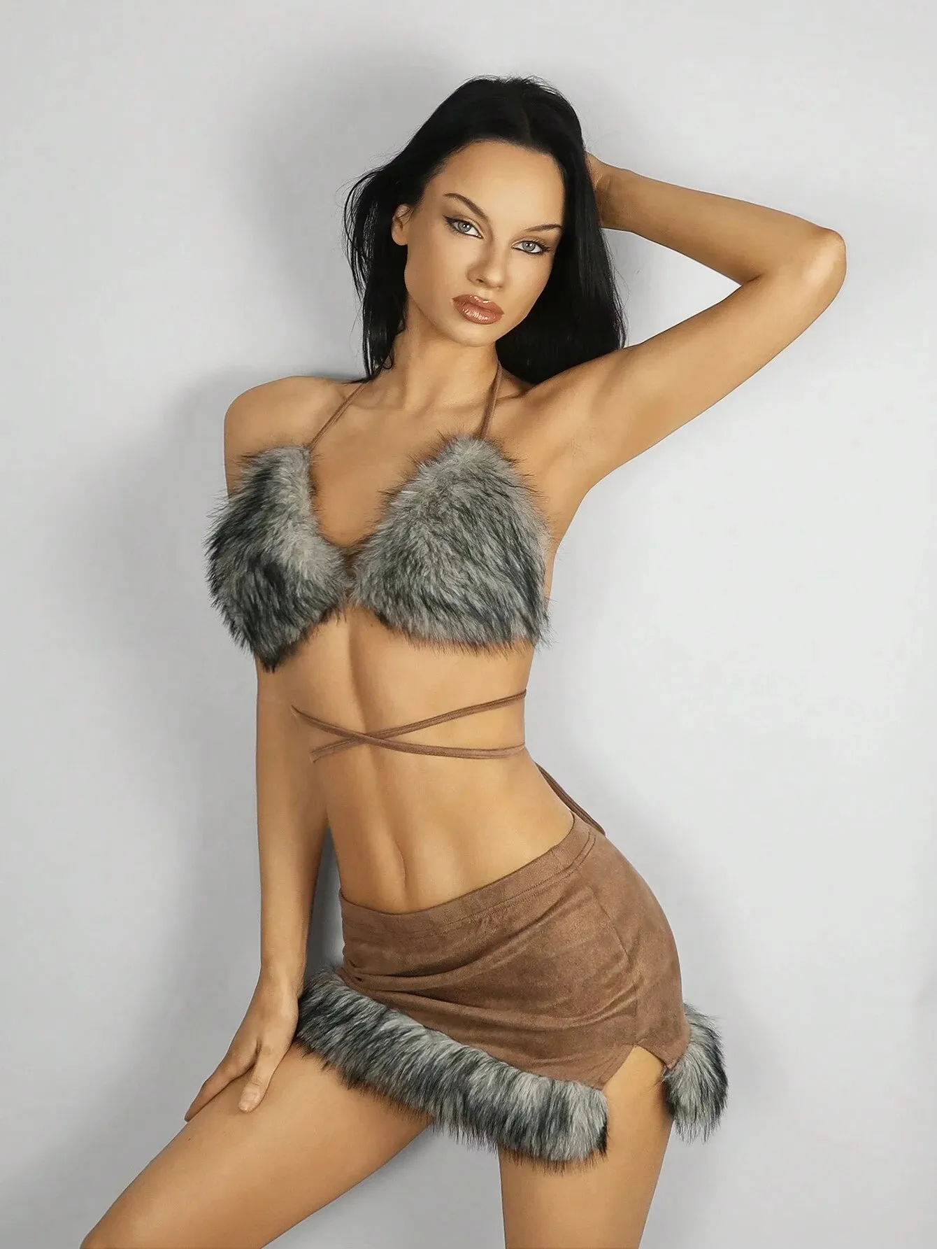 2pcs Faux Fur Patchwork Halterneck Backless Top & Mini Skirt Sexy Outfit