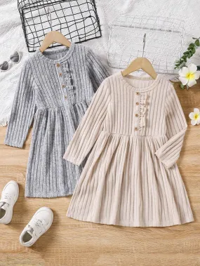 2pcs Girls Elegant Comfortable Knitted Jacquard Faux Fur Trim Ruffled Dress