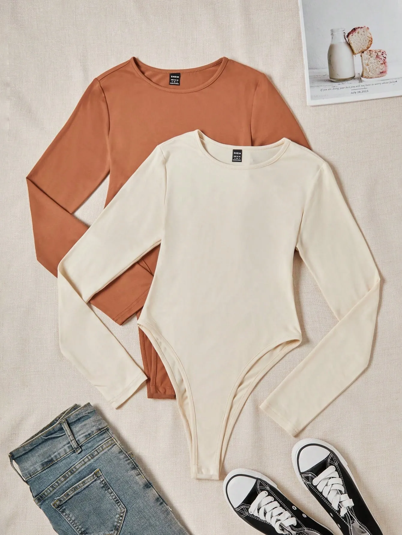 2pcs Round Neck Long Sleeve Bodysuit