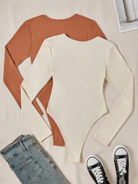 2pcs Round Neck Long Sleeve Bodysuit