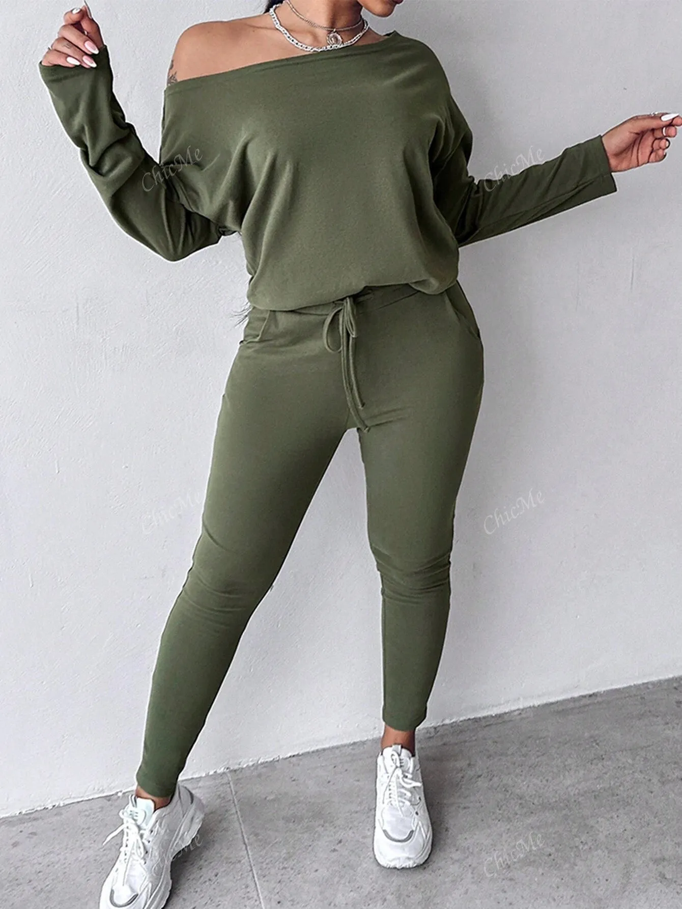 2pcs Set Casual Asymmetrical Shoulder Solid Sweatshirt   Solid Elastic Waist Pants