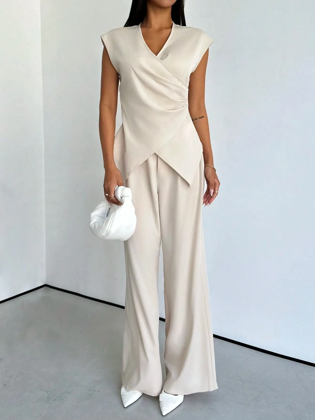 2pcs Set: Elegant Commuting & Office Vacation Minimalist Crossed Pleated Blouse And High Waist Wide Leg Pants, Autumn