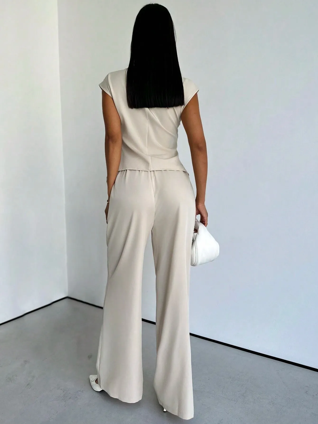 2pcs Set: Elegant Commuting & Office Vacation Minimalist Crossed Pleated Blouse And High Waist Wide Leg Pants, Autumn