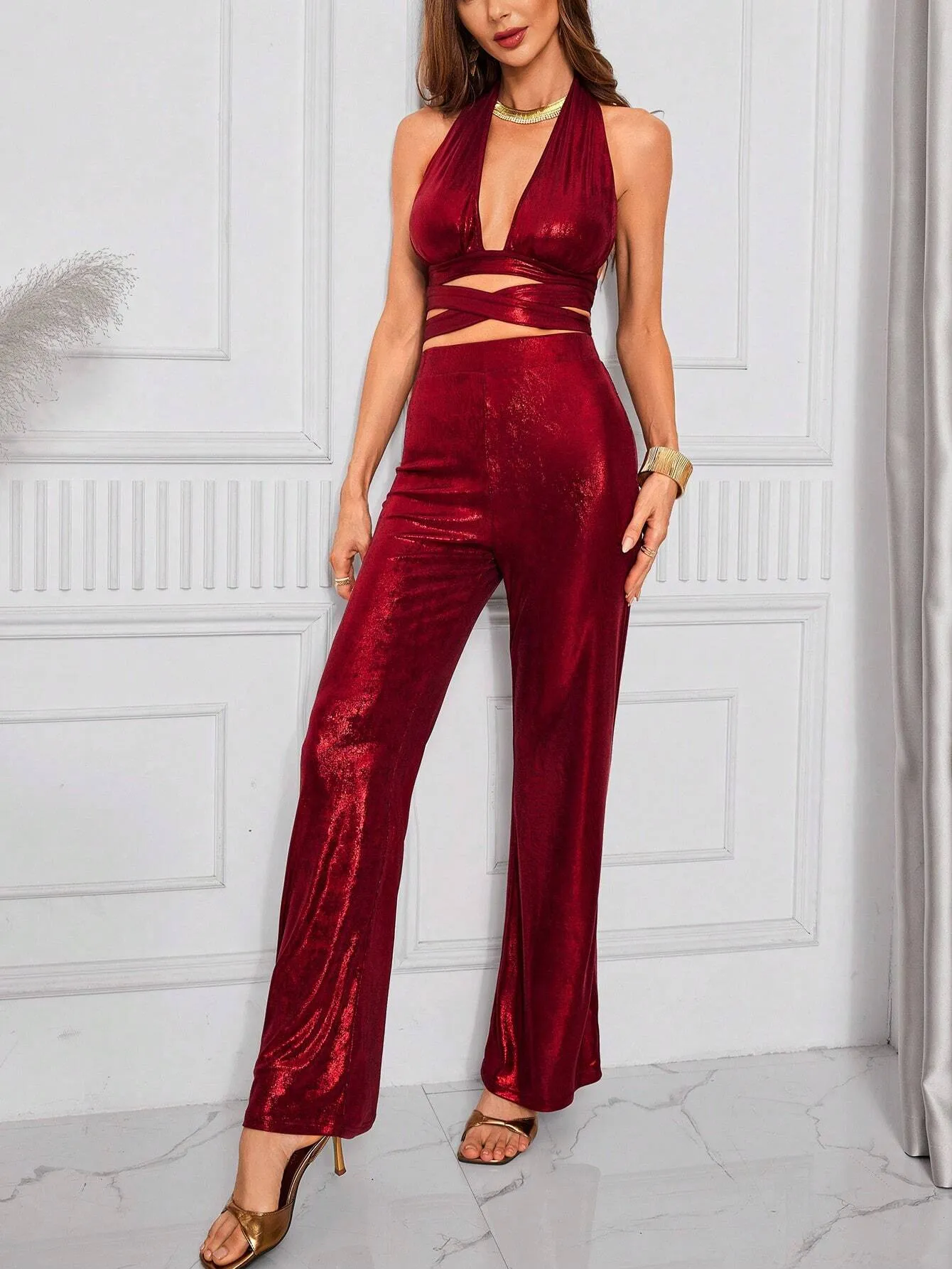 2pcs Set Of Sexy Solid Color Backless Halter Neck Top And Pants, Summer