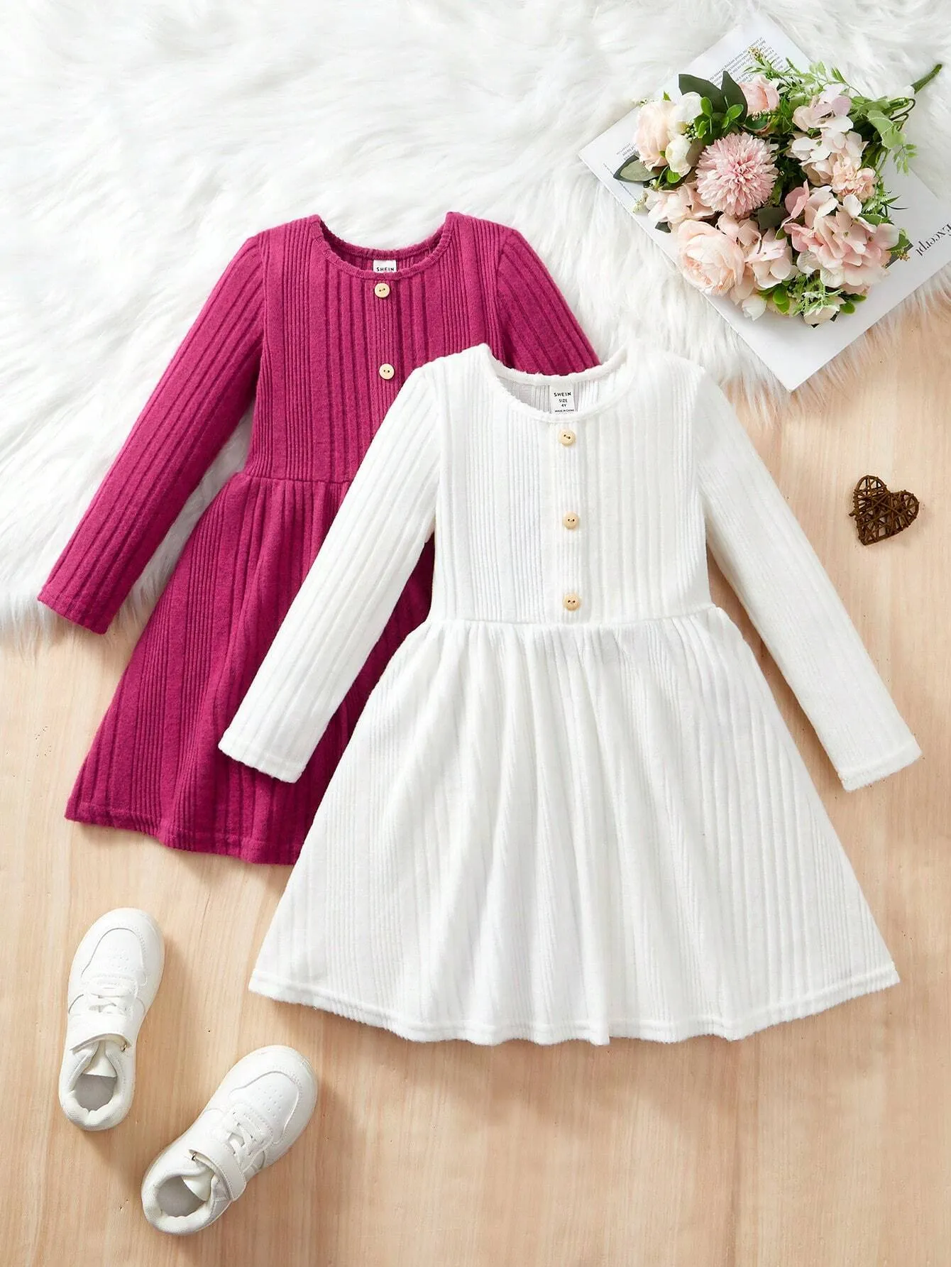 2pcs Solid Color Knit Round Neck Fitted Casual Dress Set For Young Girls