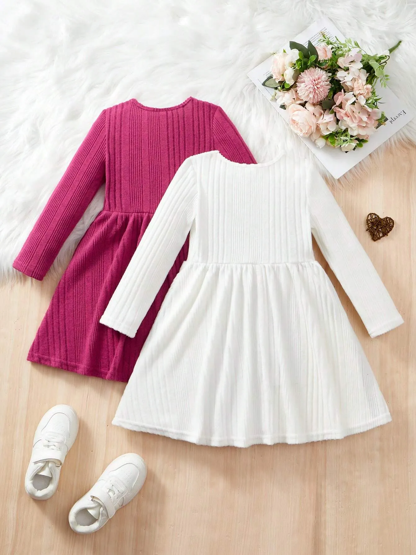 2pcs Solid Color Knit Round Neck Fitted Casual Dress Set For Young Girls