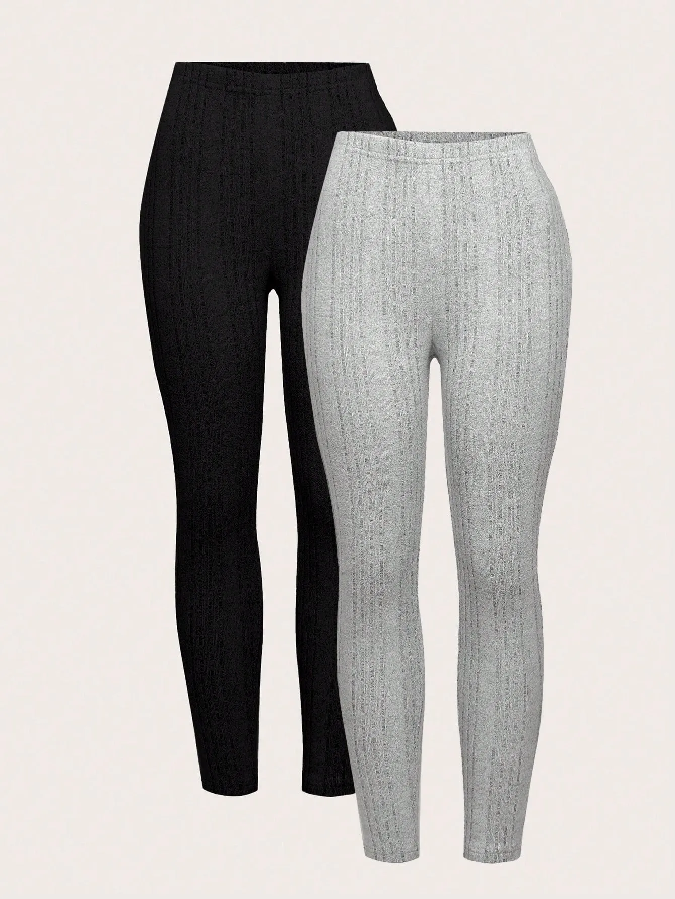 2pcs Solid Ribbed Knit Leggings