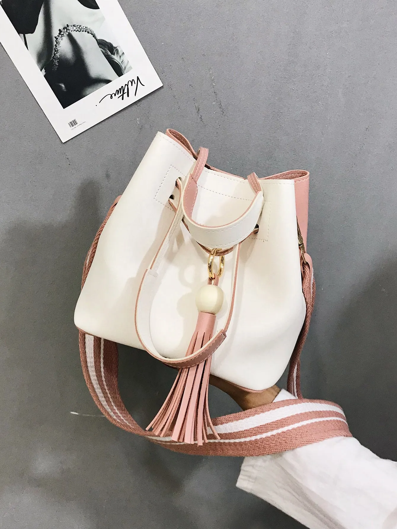 2pcs Tassel Decor Tote Bag With Crossbody Bag