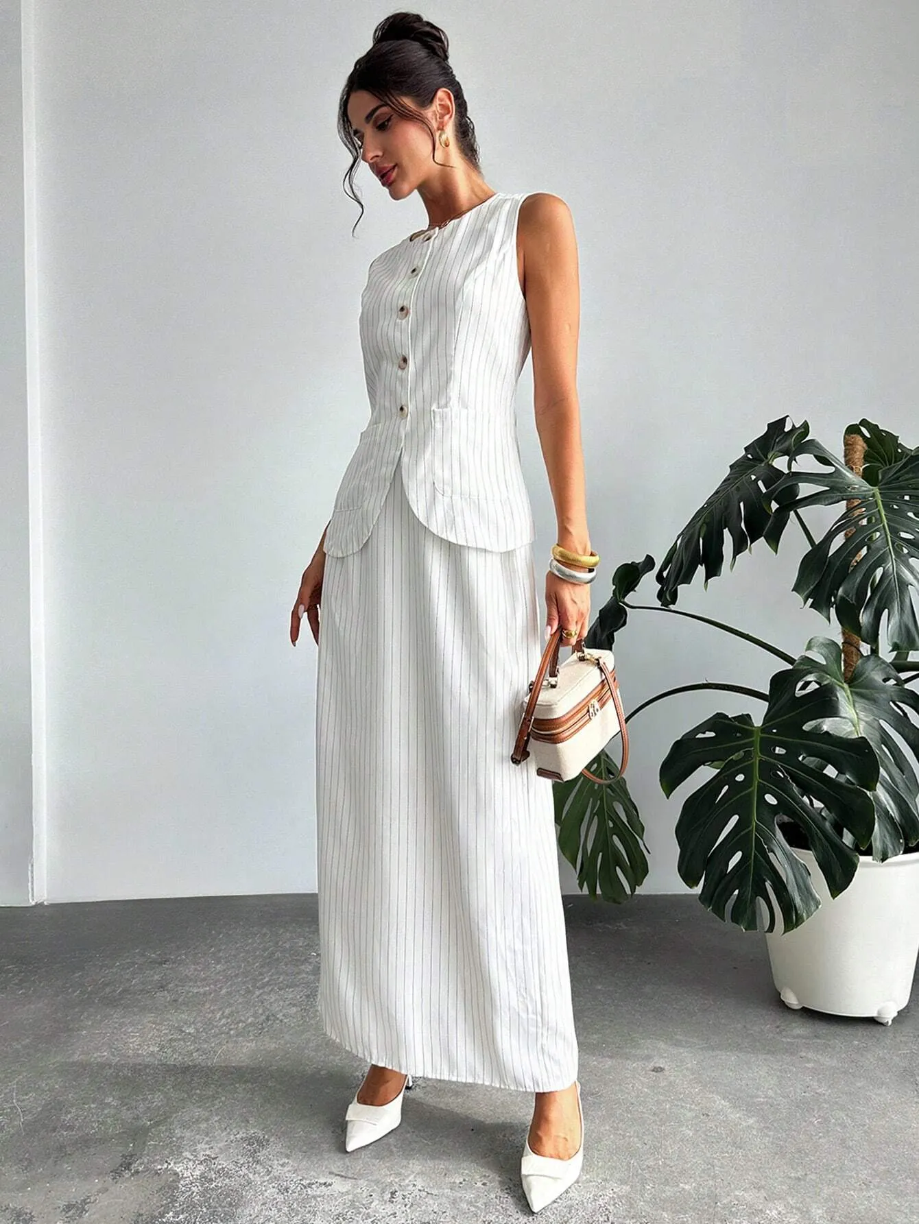 2pcs Women Back To School Business Casual Striped Button Pocket White Blouse And High Waist Striped Skirt Set