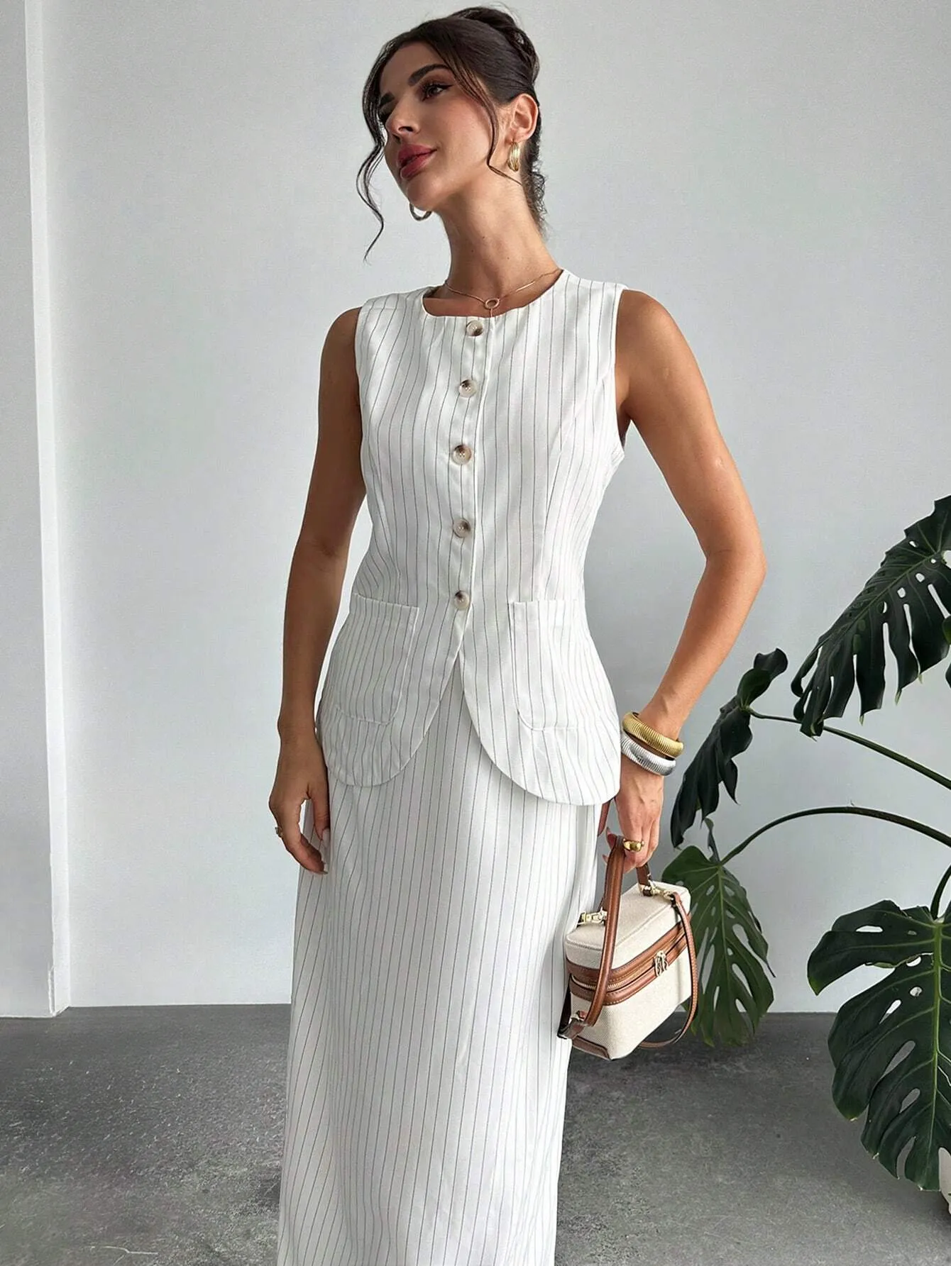 2pcs Women Back To School Business Casual Striped Button Pocket White Blouse And High Waist Striped Skirt Set