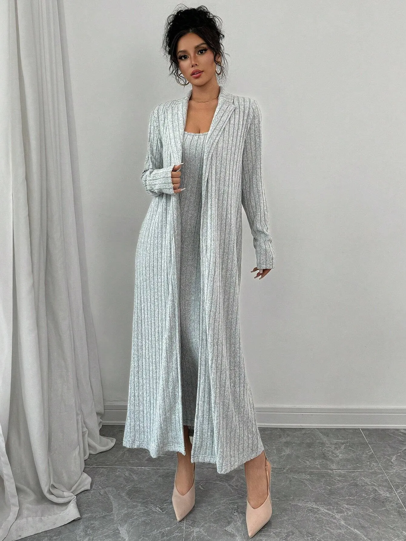 2pcs Women Casual Solid Color Ribbed Knit Long Cardigan & Bodycon Mini Dress Set, Autumn