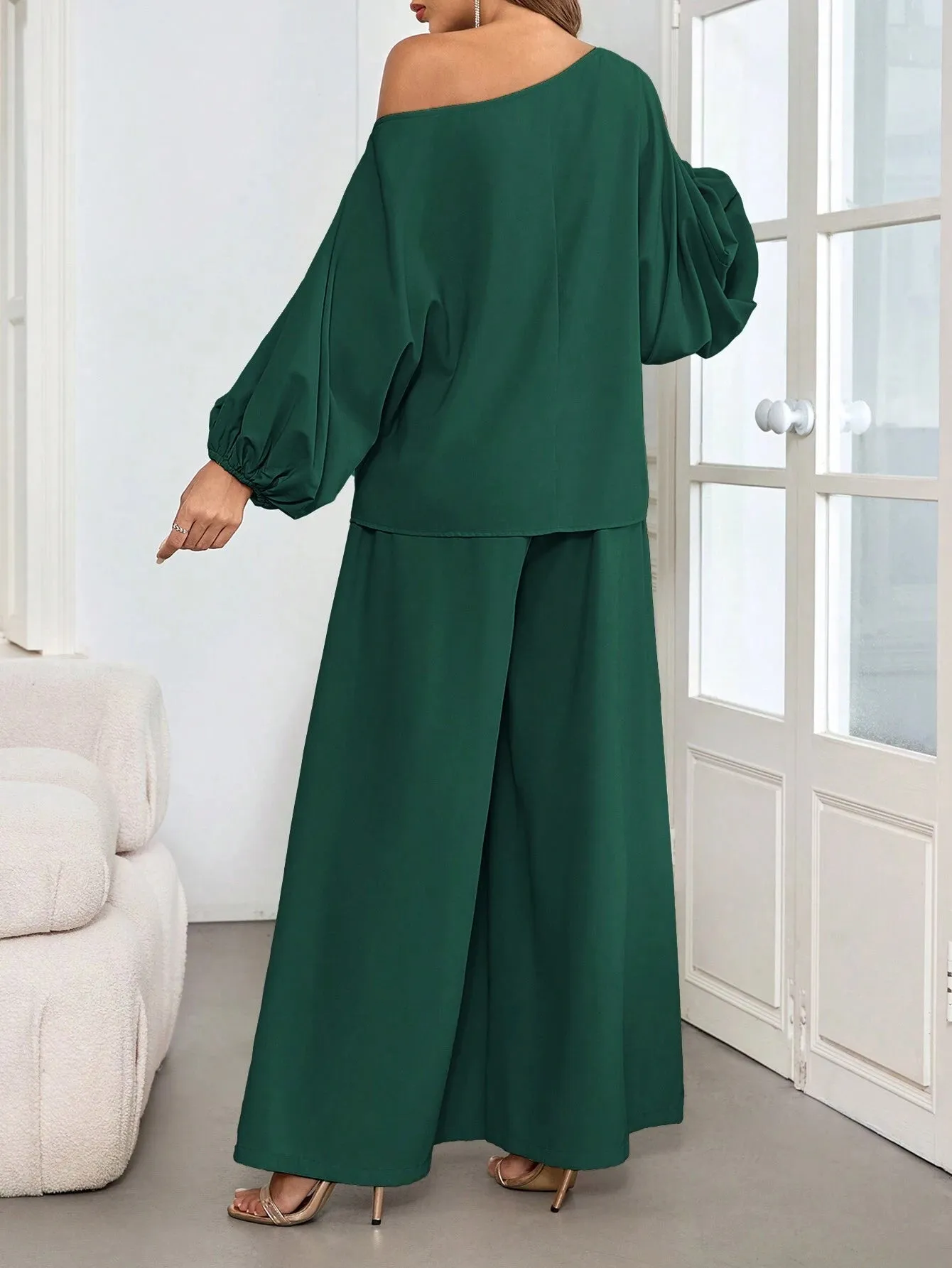 2pcs Women Elegant Off-Shoulder Blouson Sleeve Wide-Leg Pants Set