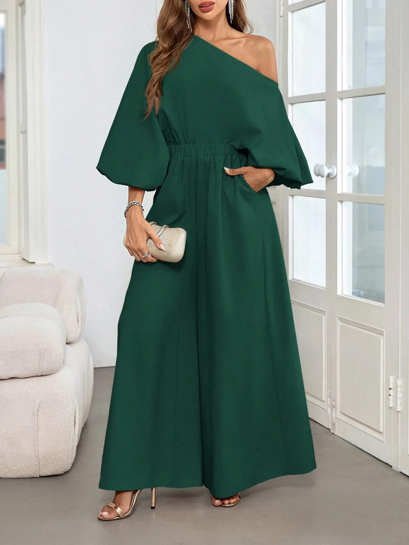 2pcs Women Elegant Off-Shoulder Blouson Sleeve Wide-Leg Pants Set