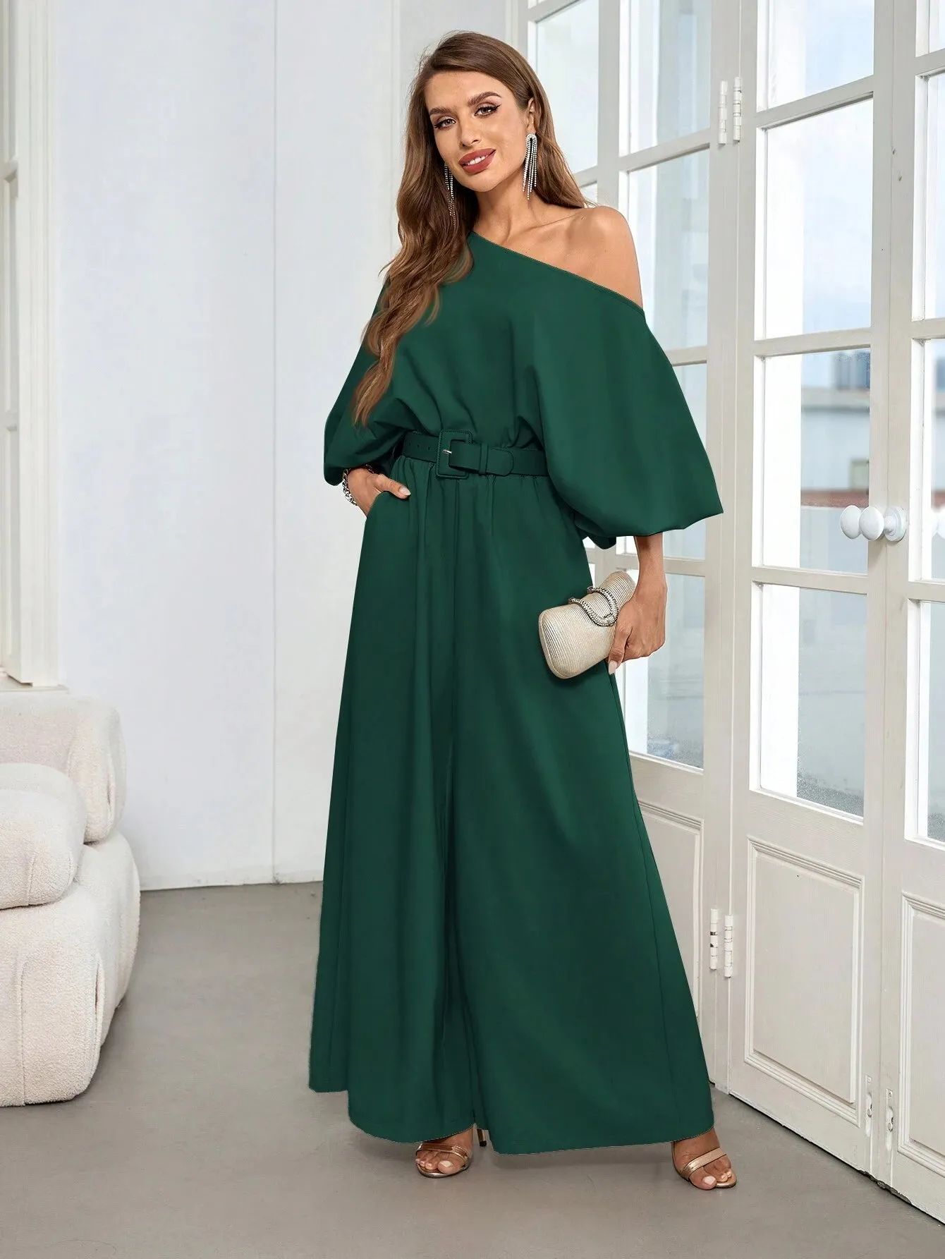 2pcs Women Elegant Off-Shoulder Blouson Sleeve Wide-Leg Pants Set