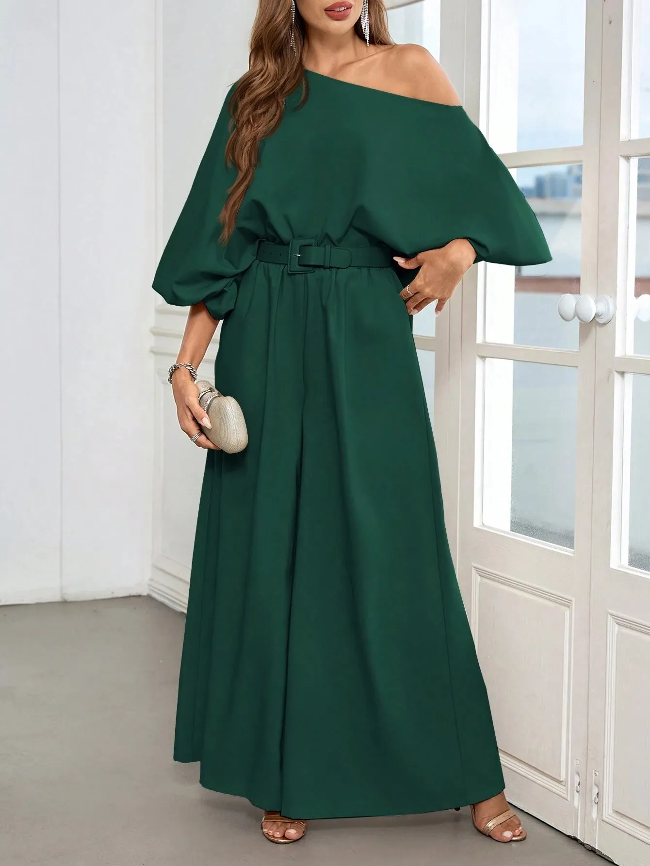 2pcs Women Elegant Off-Shoulder Blouson Sleeve Wide-Leg Pants Set