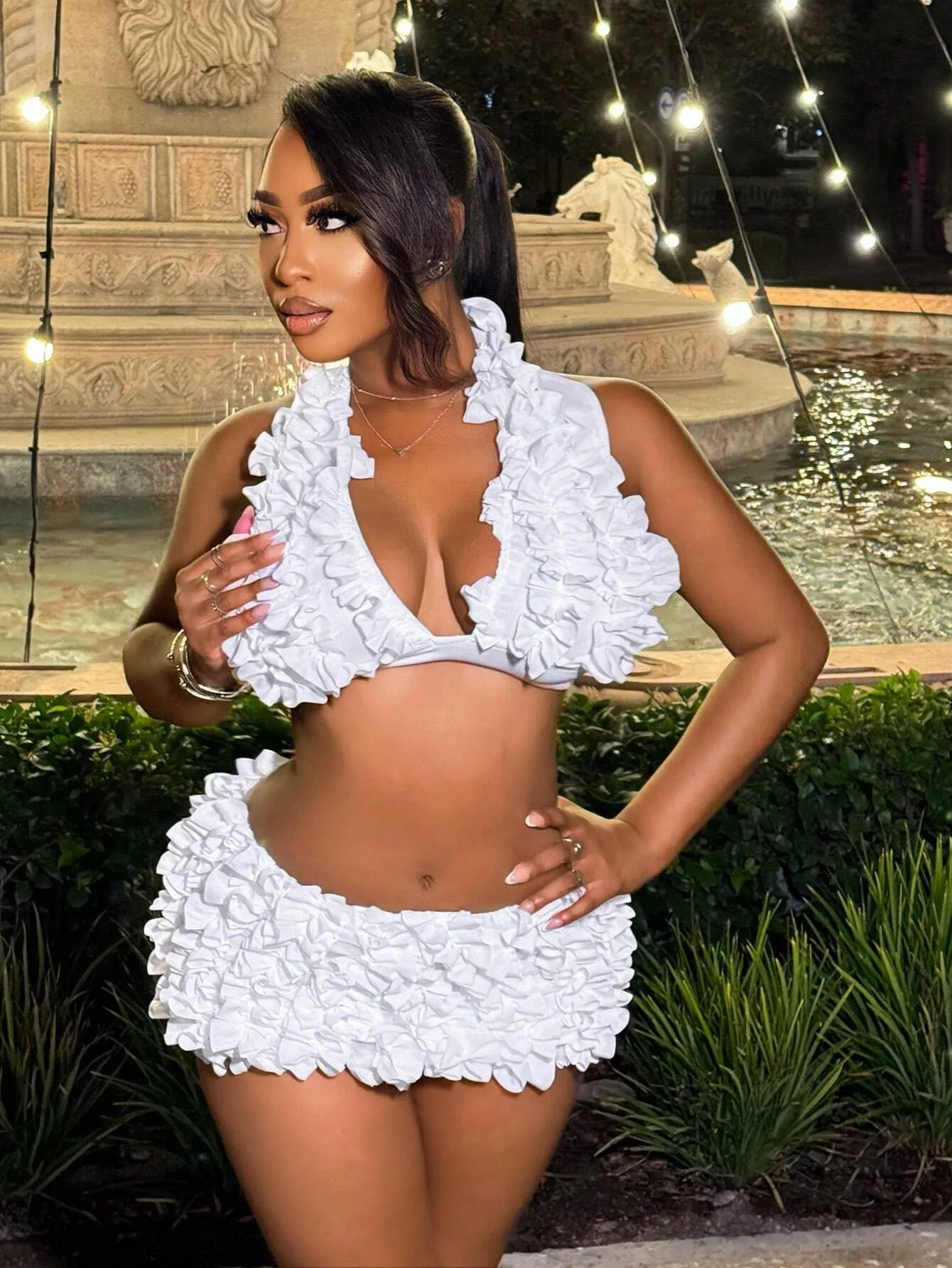 2pcs Women Elegant, Romantic, Sexy, Lace Mini Dress Party Set, In White