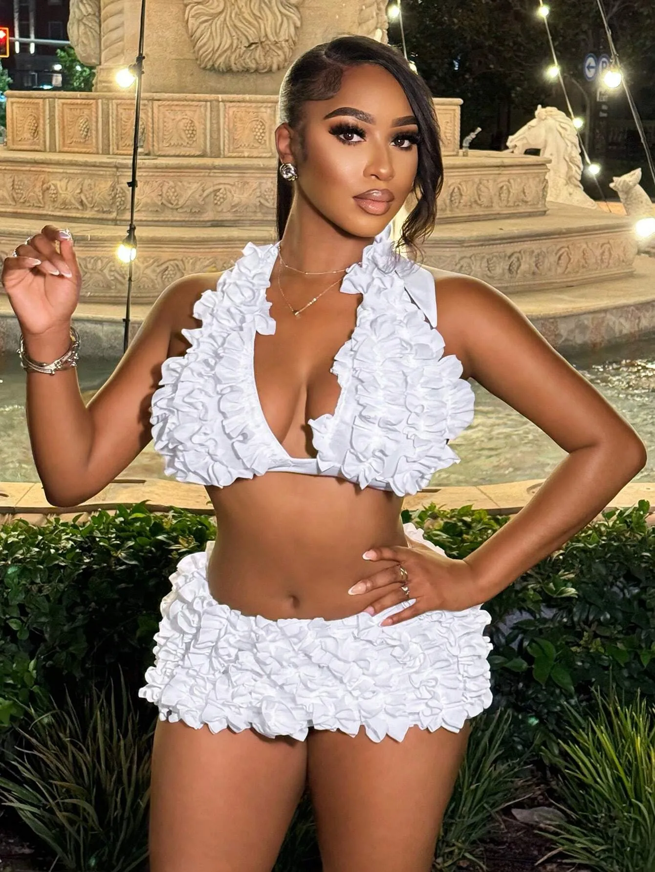 2pcs Women Elegant, Romantic, Sexy, Lace Mini Dress Party Set, In White